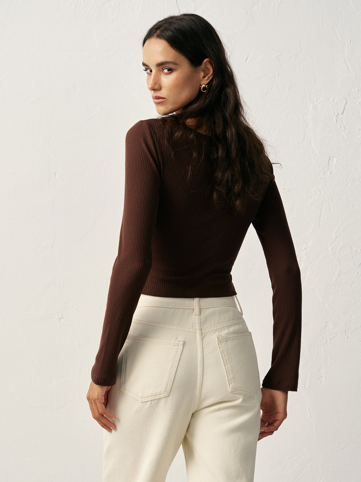 Asymmetric Button Detail Ribbed T-Shirt-Massicos