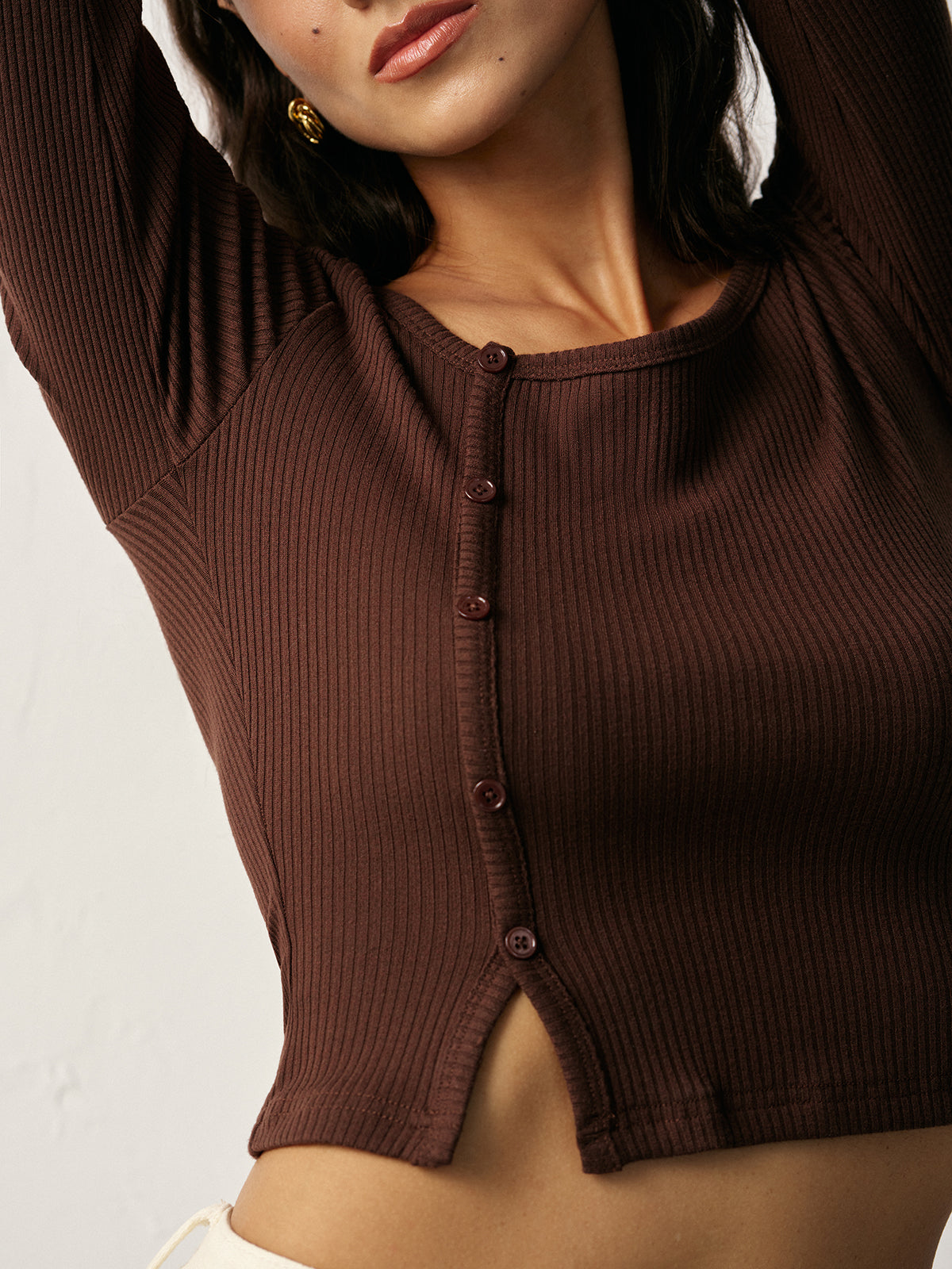 Asymmetric Button Detail Ribbed T-Shirt-Massicos