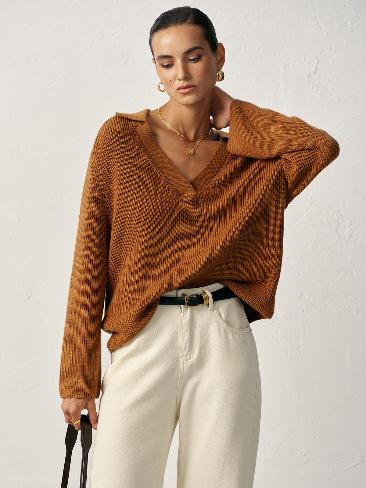 Wool Blend Polo Collar V-Neck Sweater-Massicos