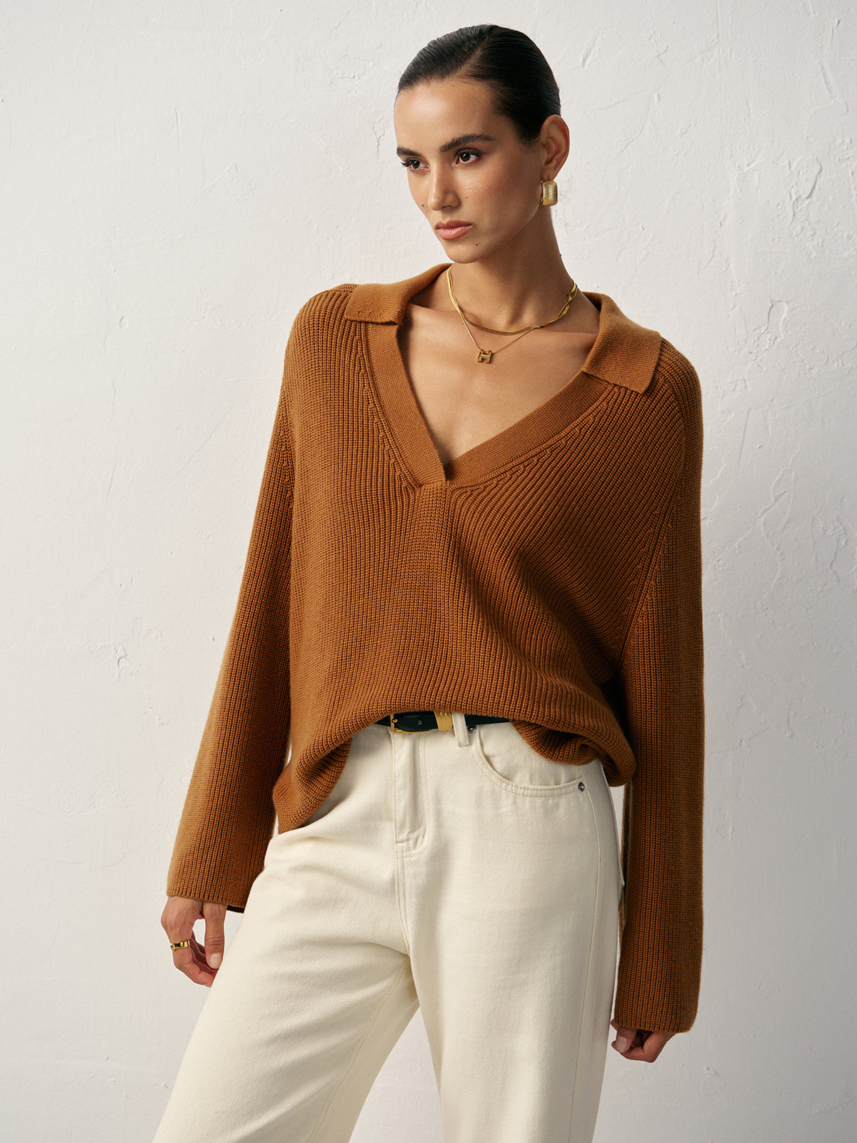 Wool Blend Polo Collar V-Neck Sweater-Massicos