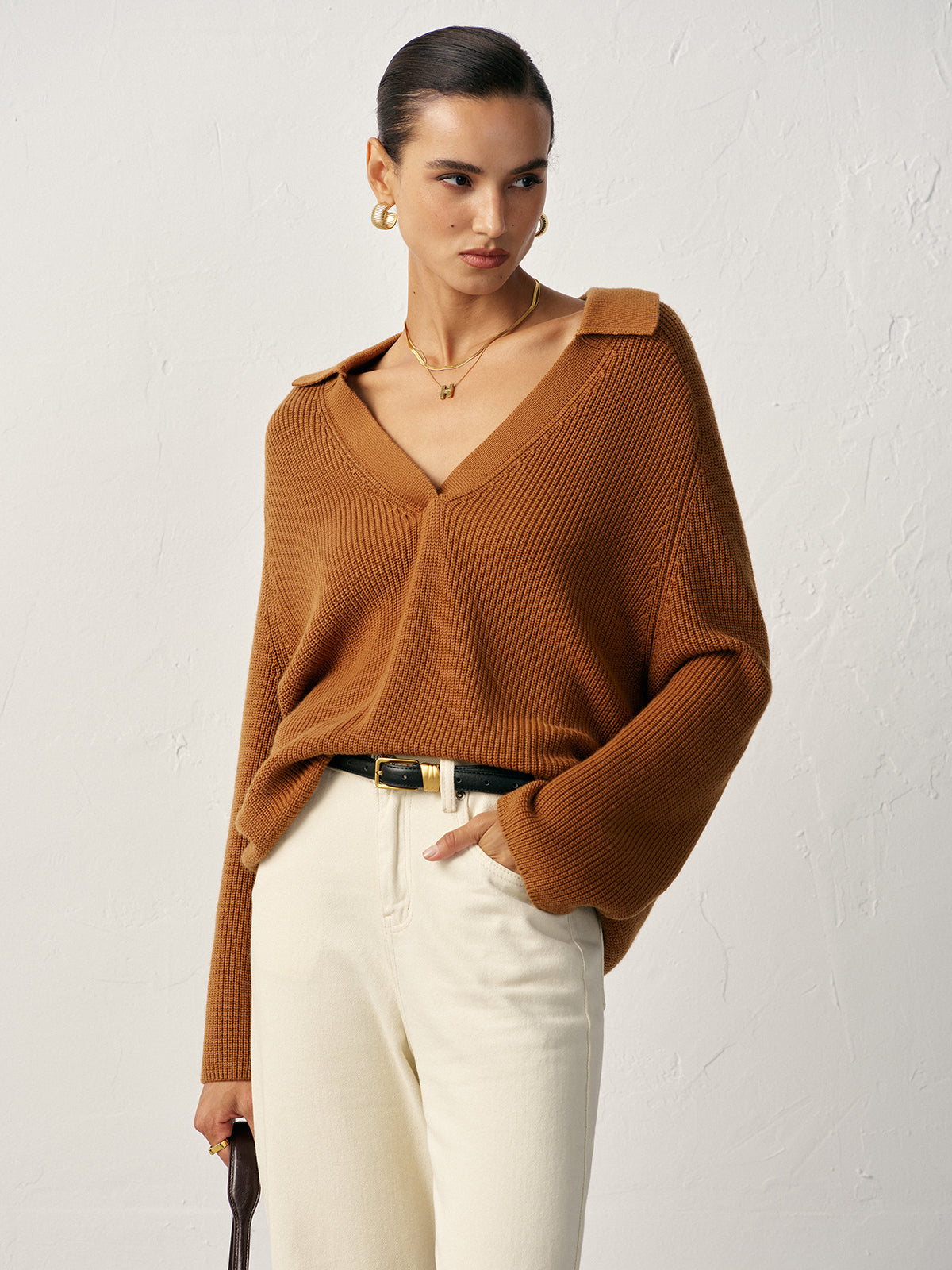 Wool Blend Polo Collar V-Neck Sweater-Massicos