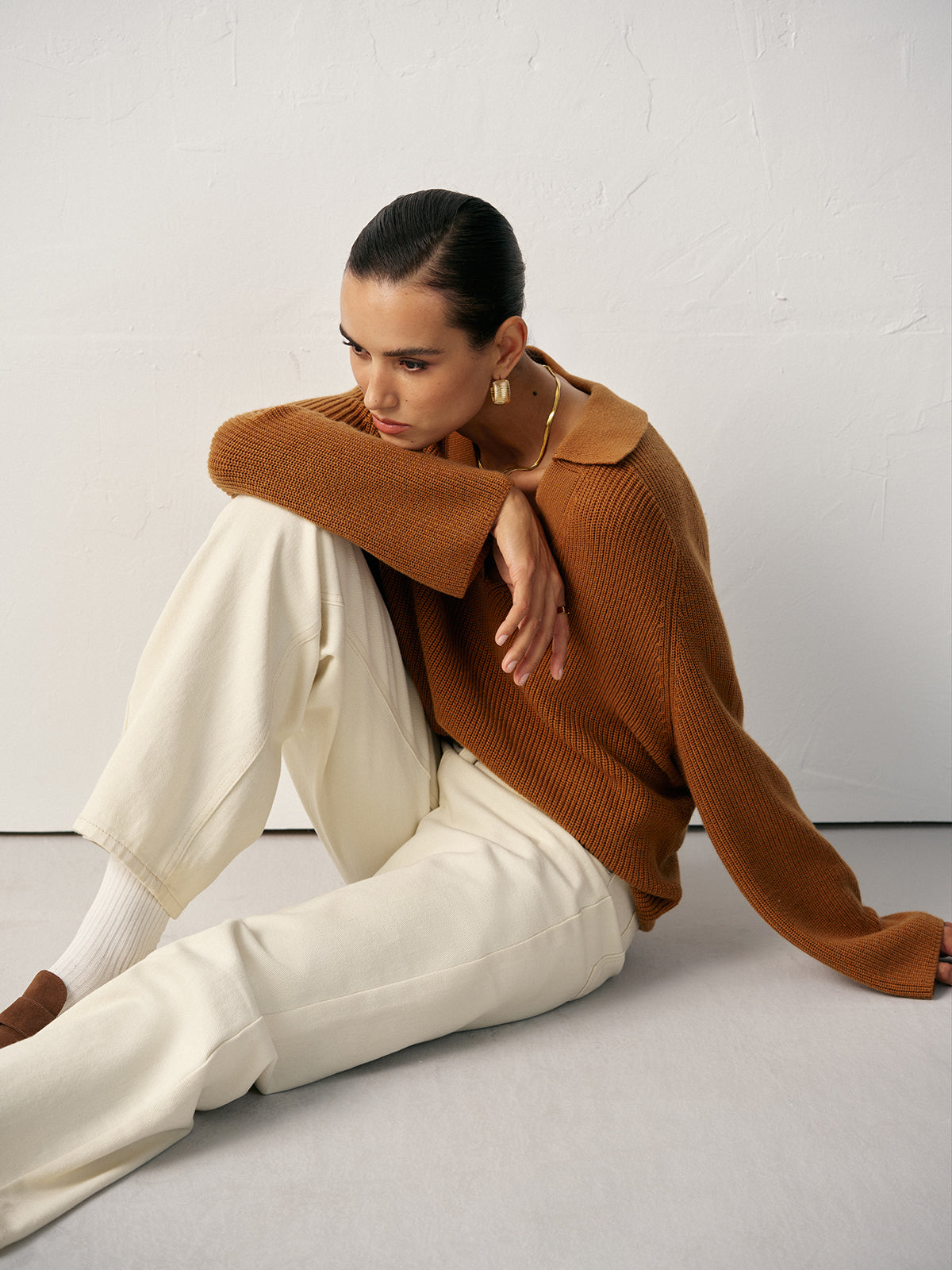 Wool Blend Polo Collar V-Neck Sweater-Massicos