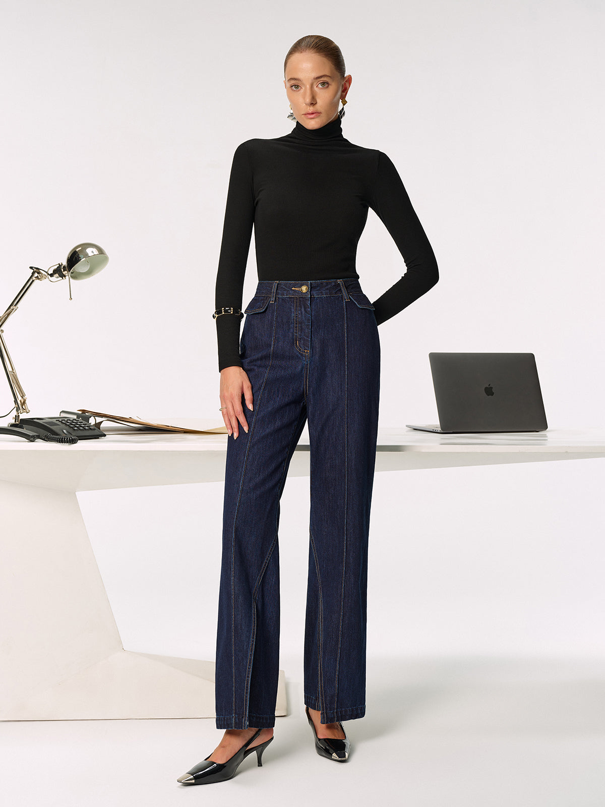 Mid-Waist Slit Denim Jeans-Massicos