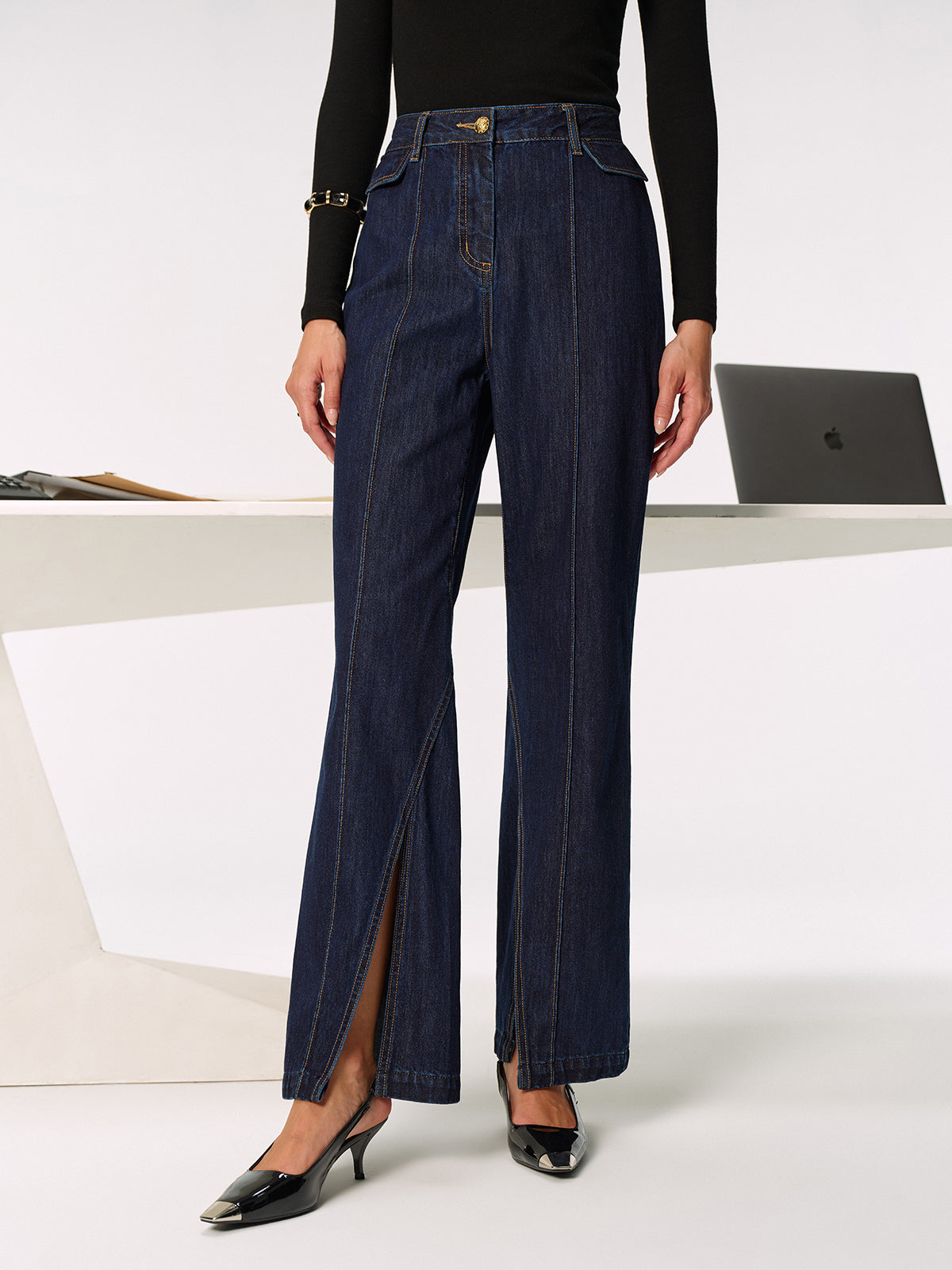 Mid-Waist Slit Denim Jeans-Massicos