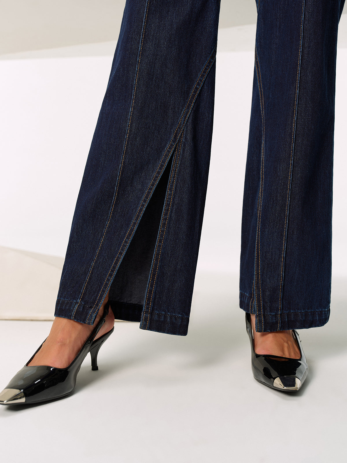 Mid-Waist Slit Denim Jeans-Massicos