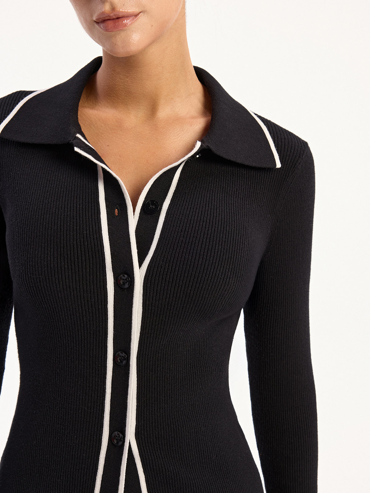 Contrast-Trim Polo Collar Knit Cardigan-Massicos