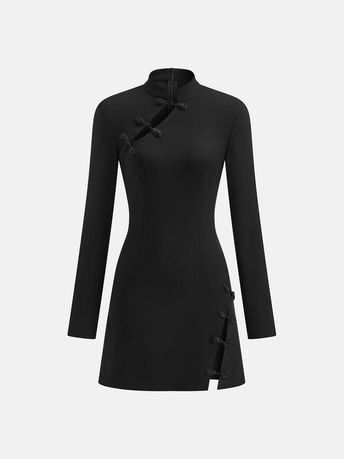Stand Collar Long Sleeve Know Button Side Slit Dress-Massicos