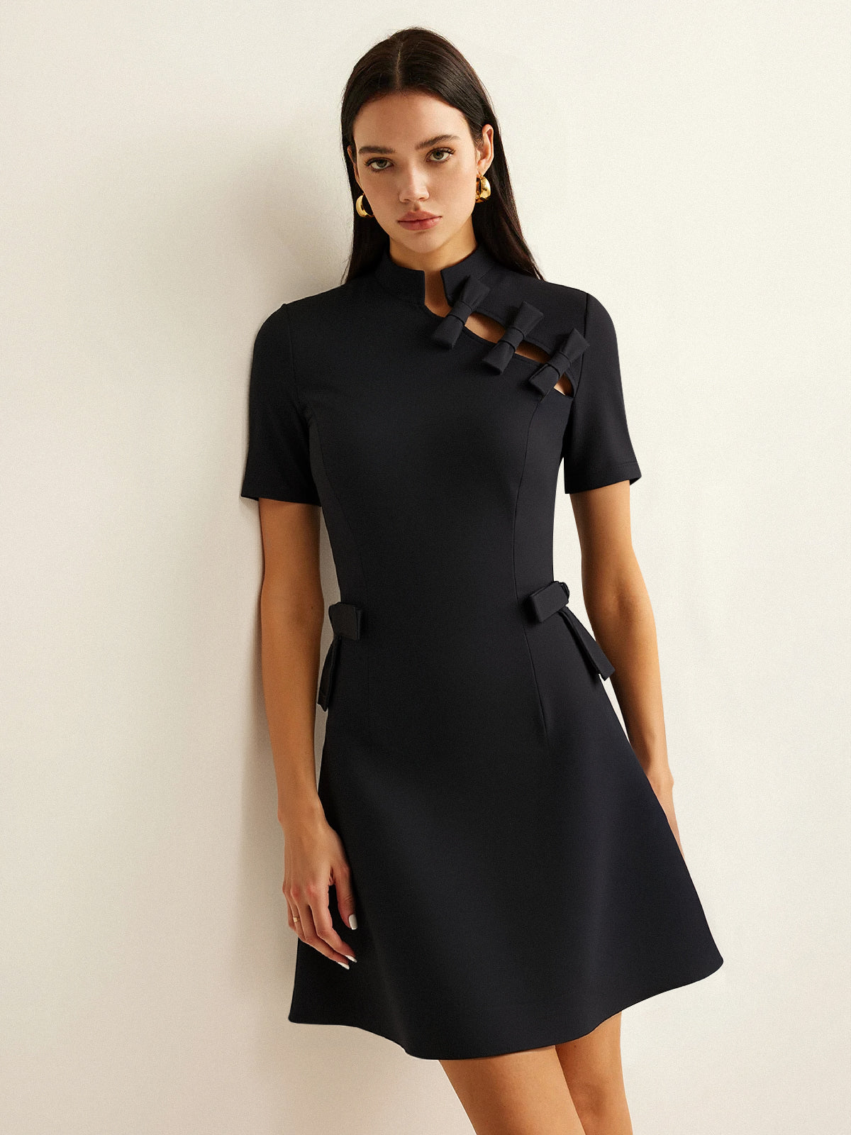 Bow Cut-Out Stand Collar Short Sleeve Dress-Massicos