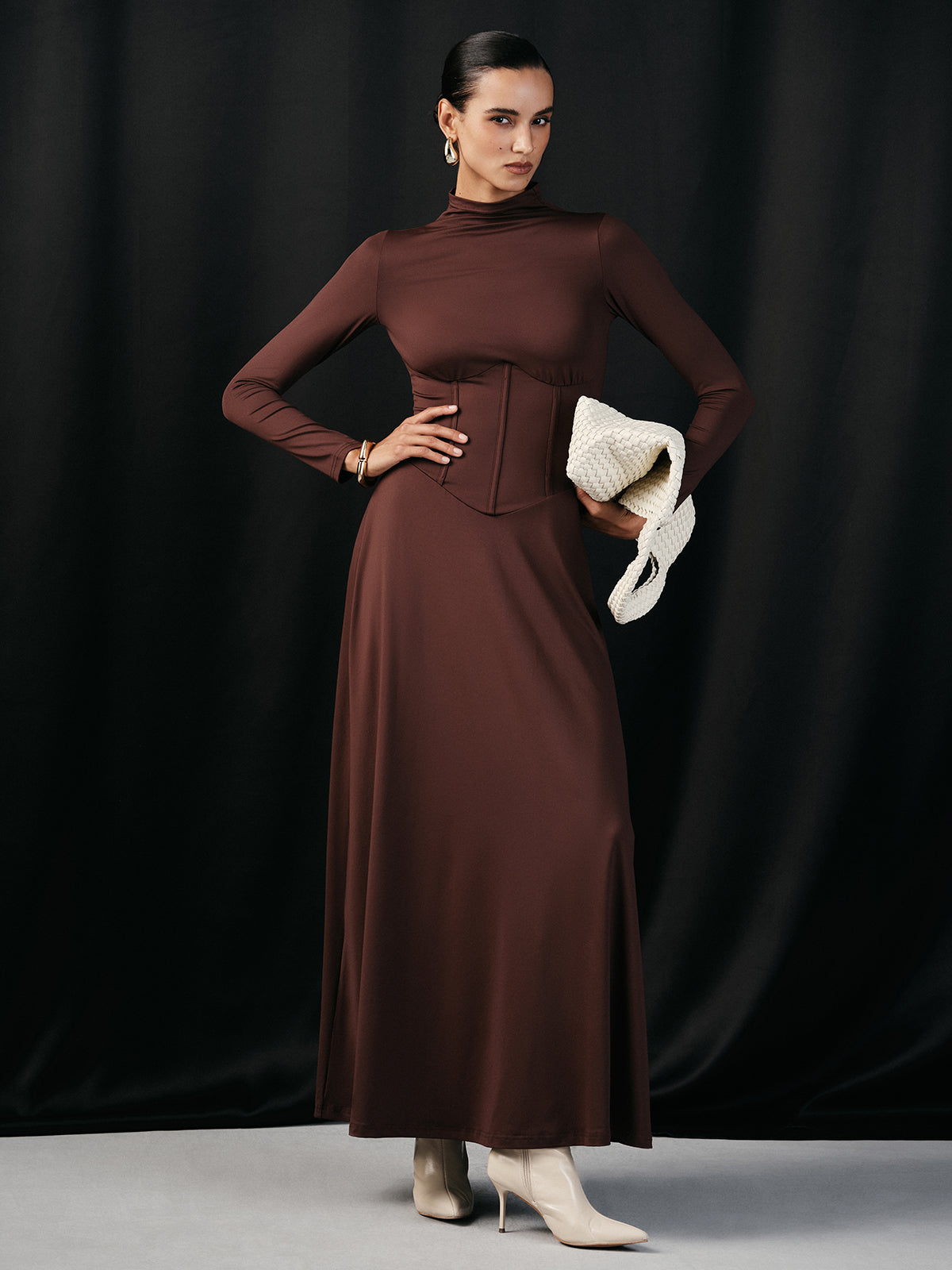 Mock Neck Corset Waist Long Sleeve Maxi Dress-Massicos