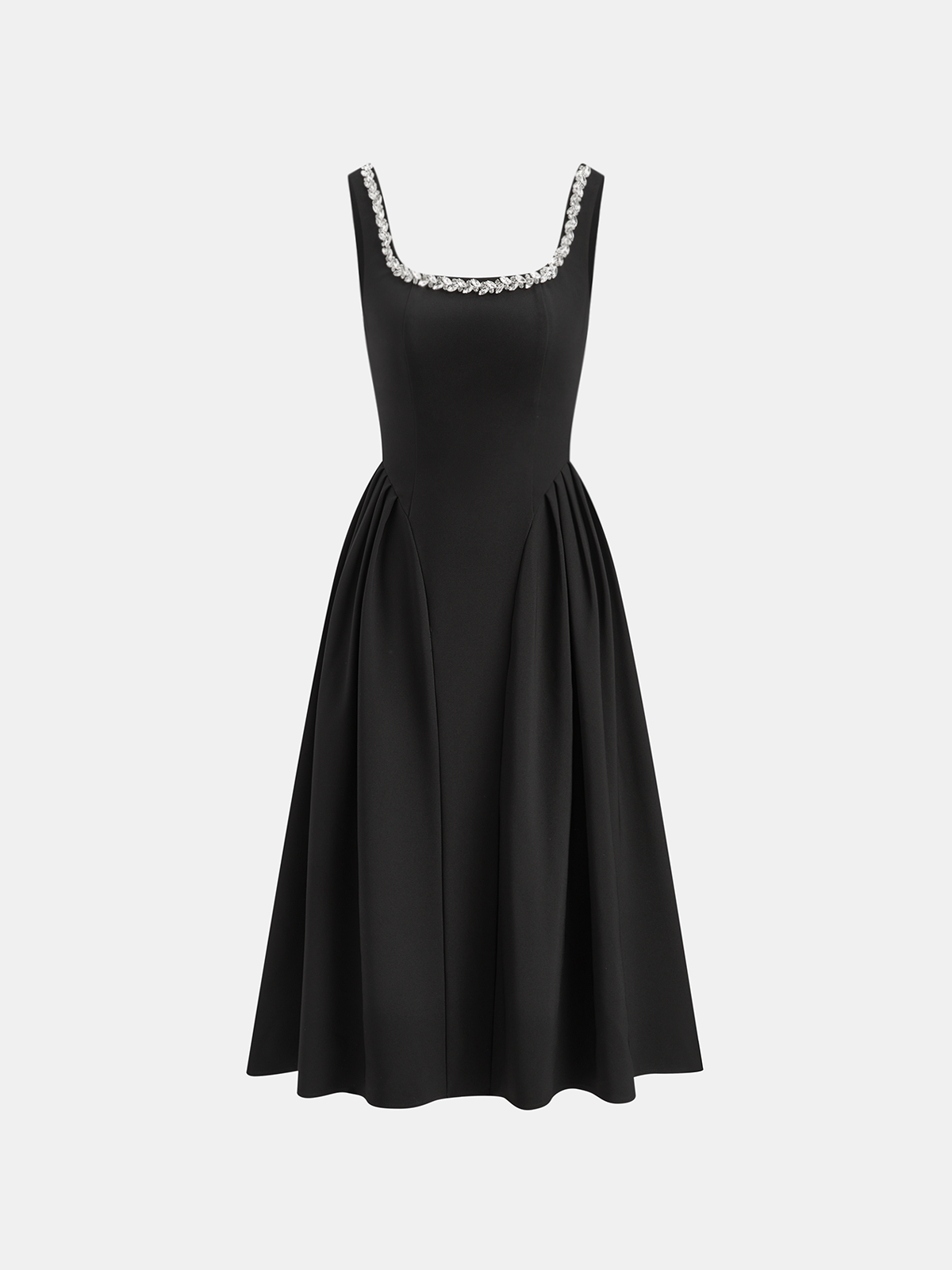 Sleeveless Square Neck Diamond Trim Flare Dress-Massicos