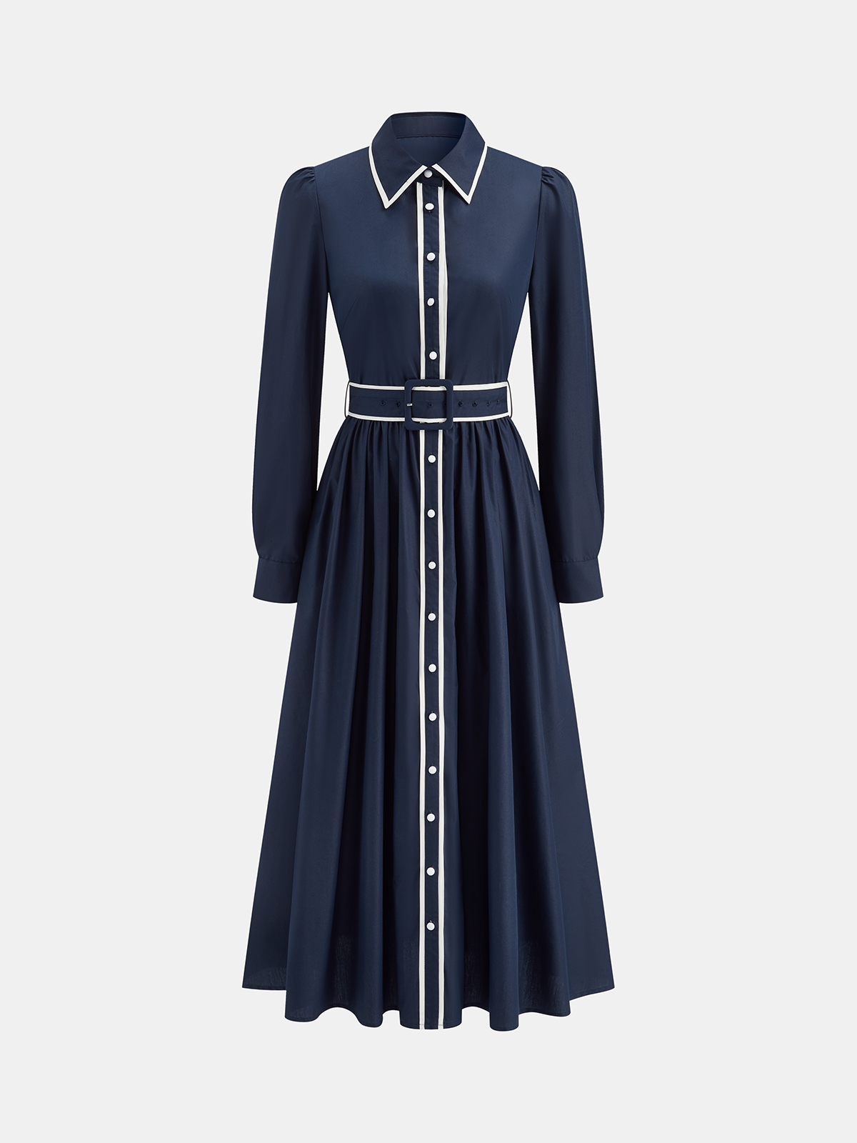 Contrast Trim Belted Pleated Shirt Dress-Massicos