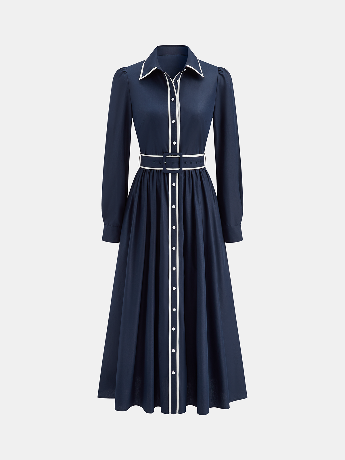 Contrast Trim Belted Pleated Shirt Dress-Massicos