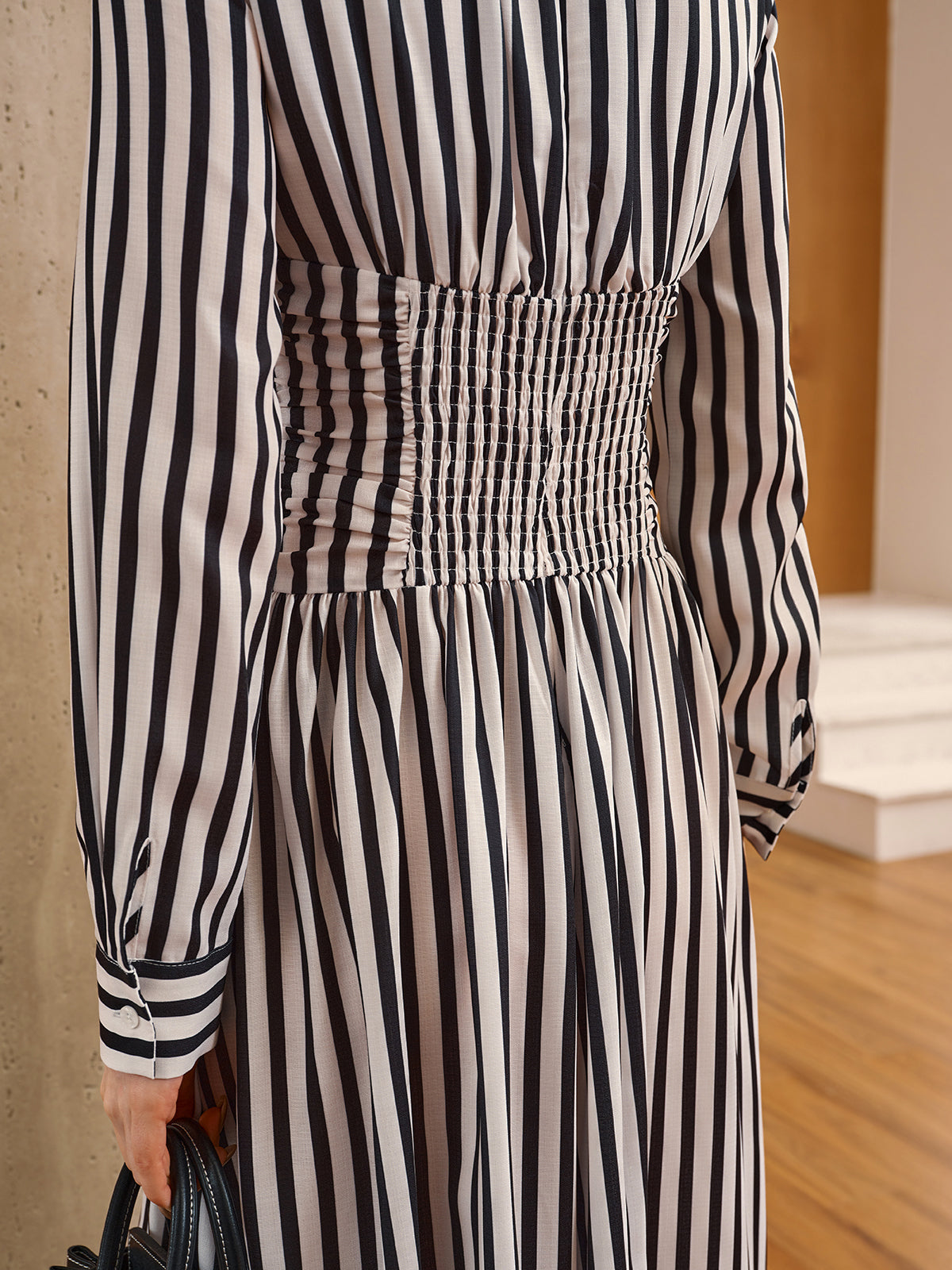 Striped Ruched Long Sleeve Maxi Dress-Massicos