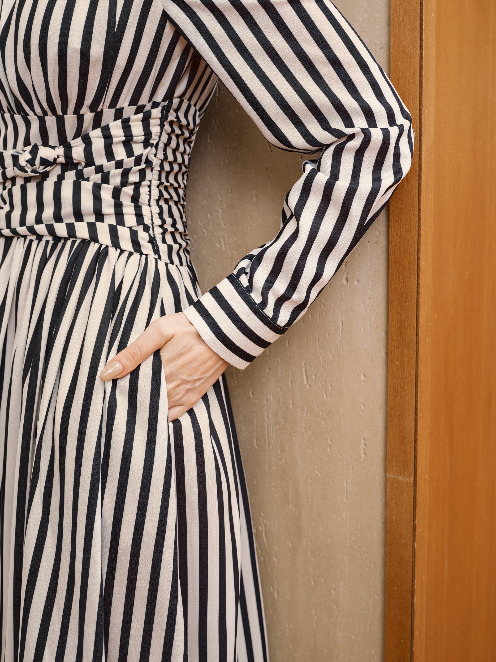 Striped Ruched Long Sleeve Maxi Dress-Massicos