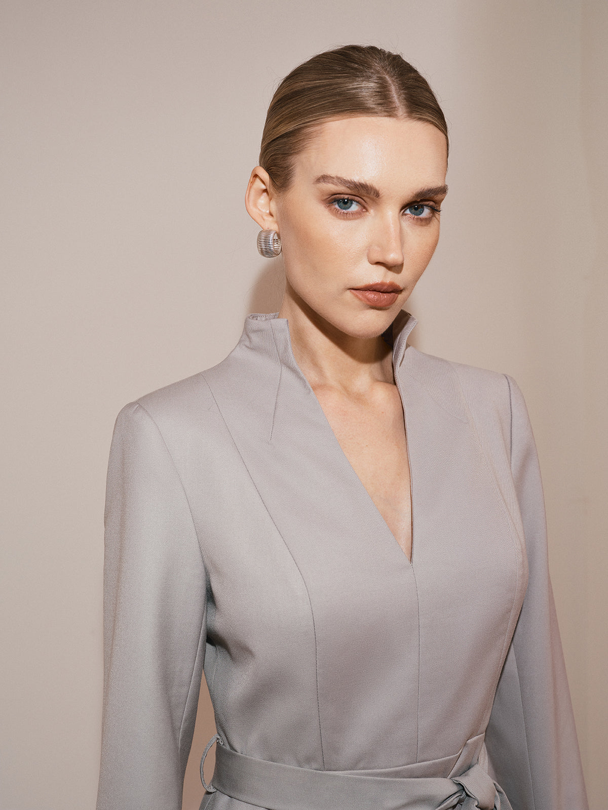 Belted V-Neck Long Sleeve Dress-Massicos