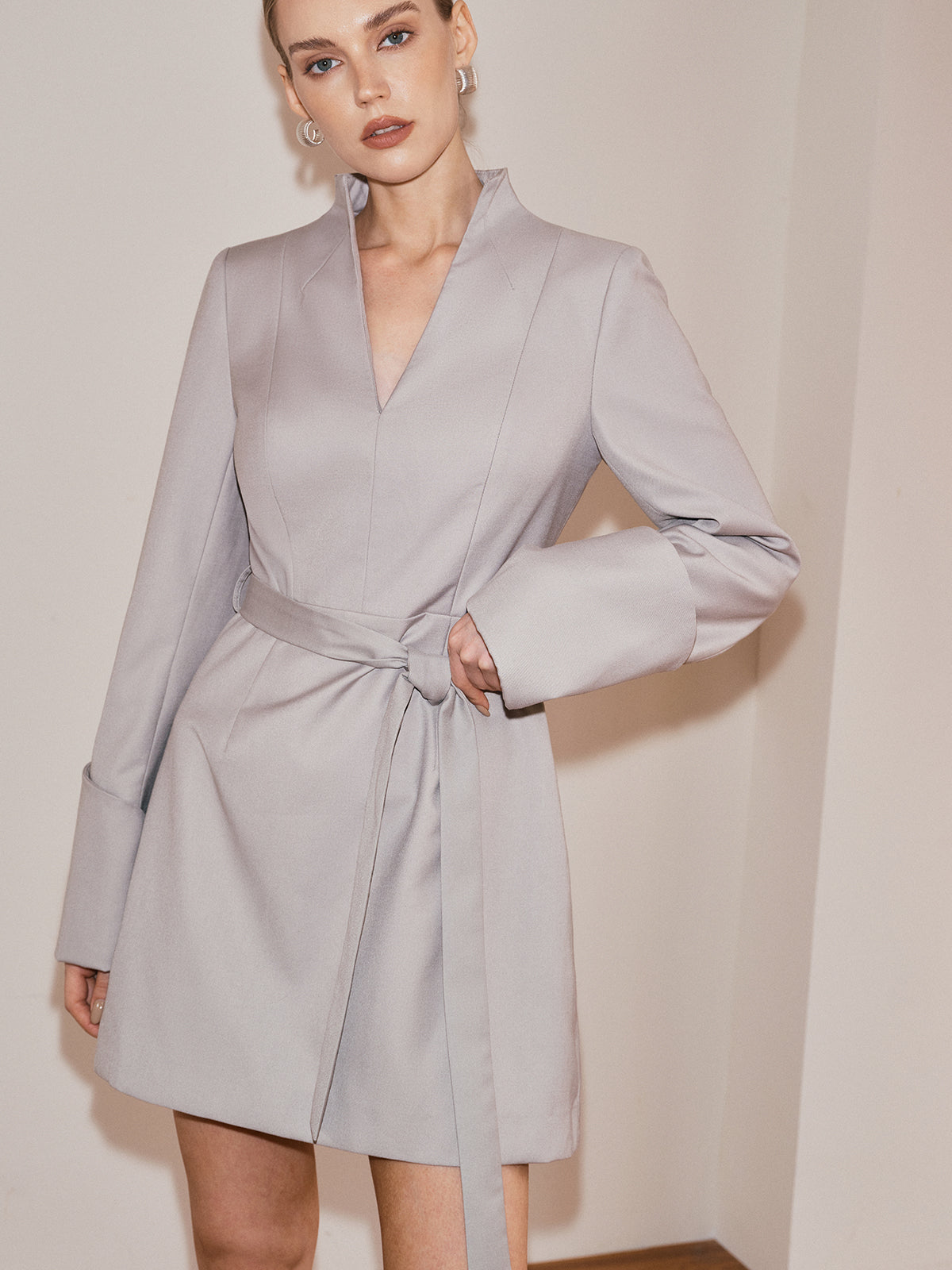 Belted V-Neck Long Sleeve Dress-Massicos