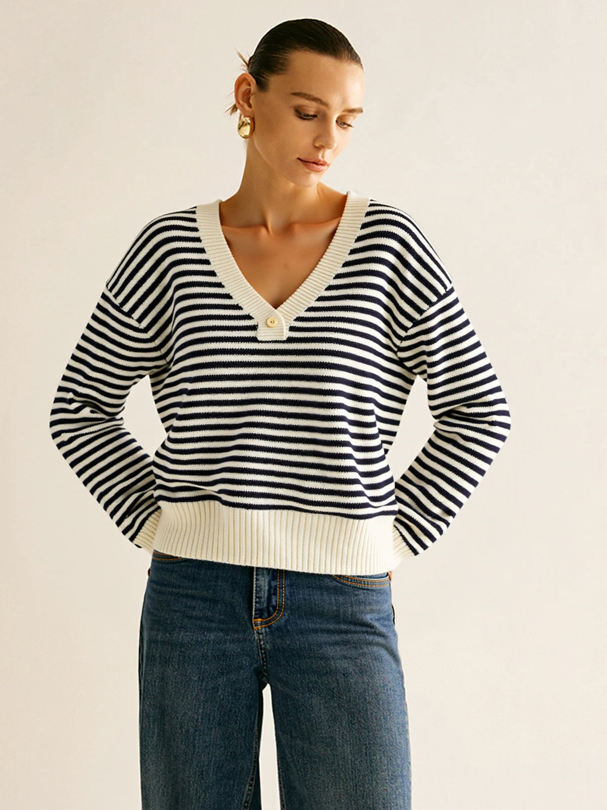 Striped V-Neck Buttoned Wool Blend Sweater-Massicos