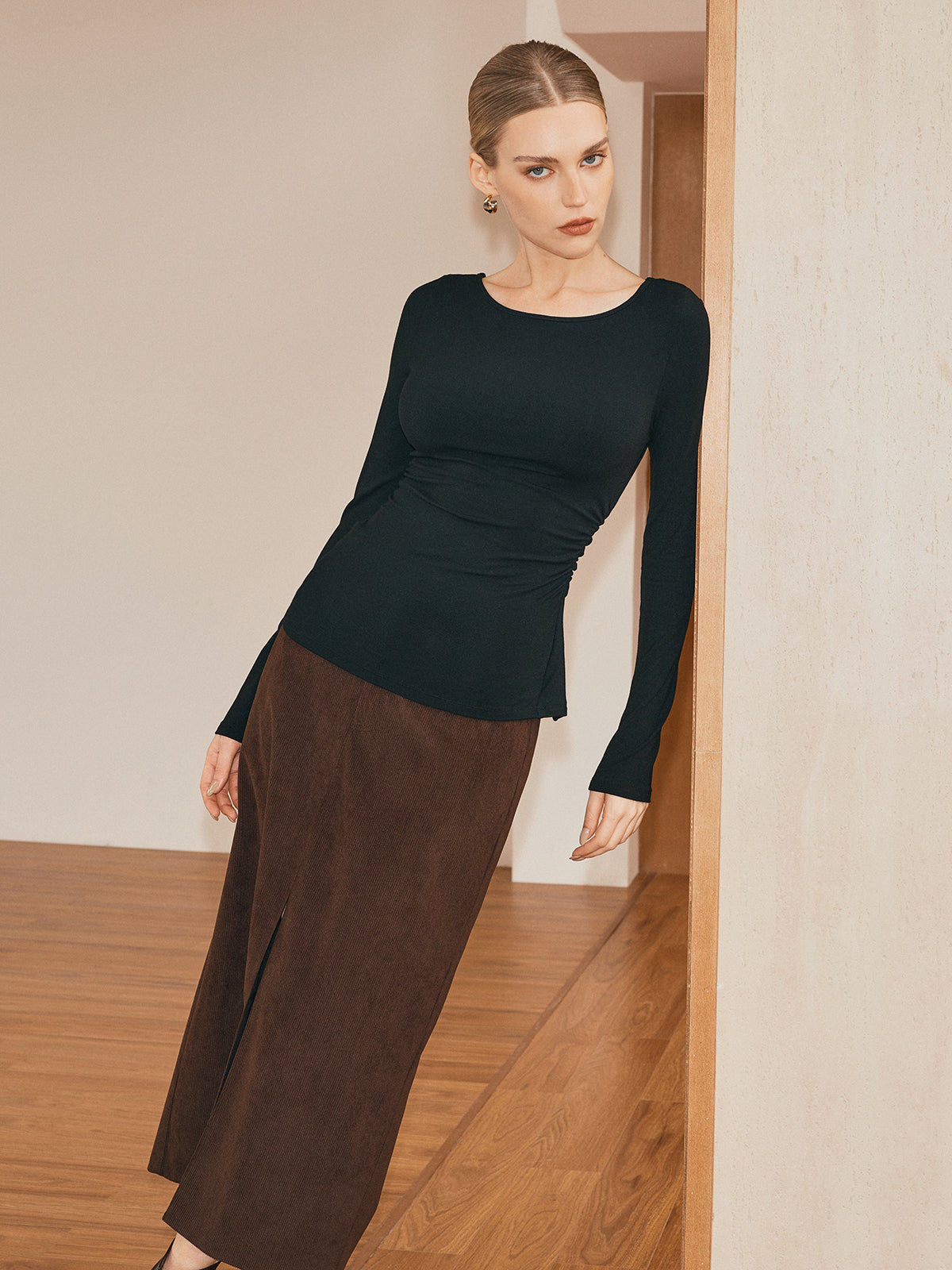 Sheer Lace Back Long Sleeve T-Shirt-Massicos