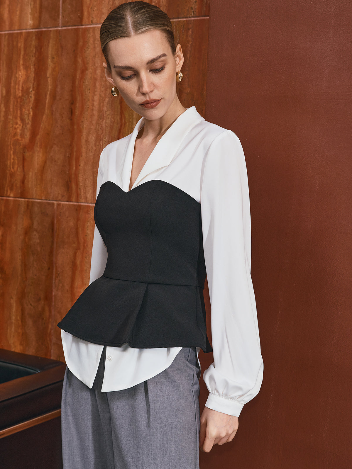 Two-Piece Collared Corset Shirt with Peplum Hem-Massicos