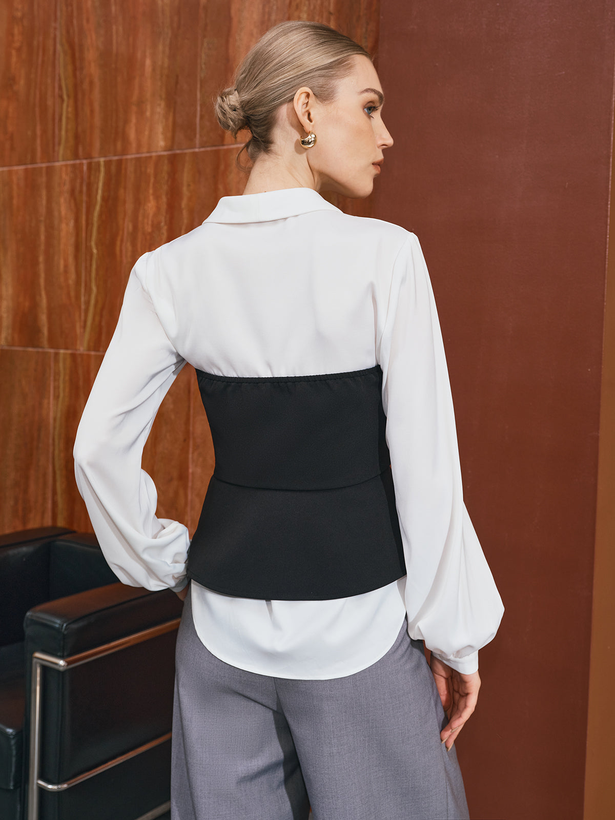 Two-Piece Collared Corset Shirt with Peplum Hem-Massicos