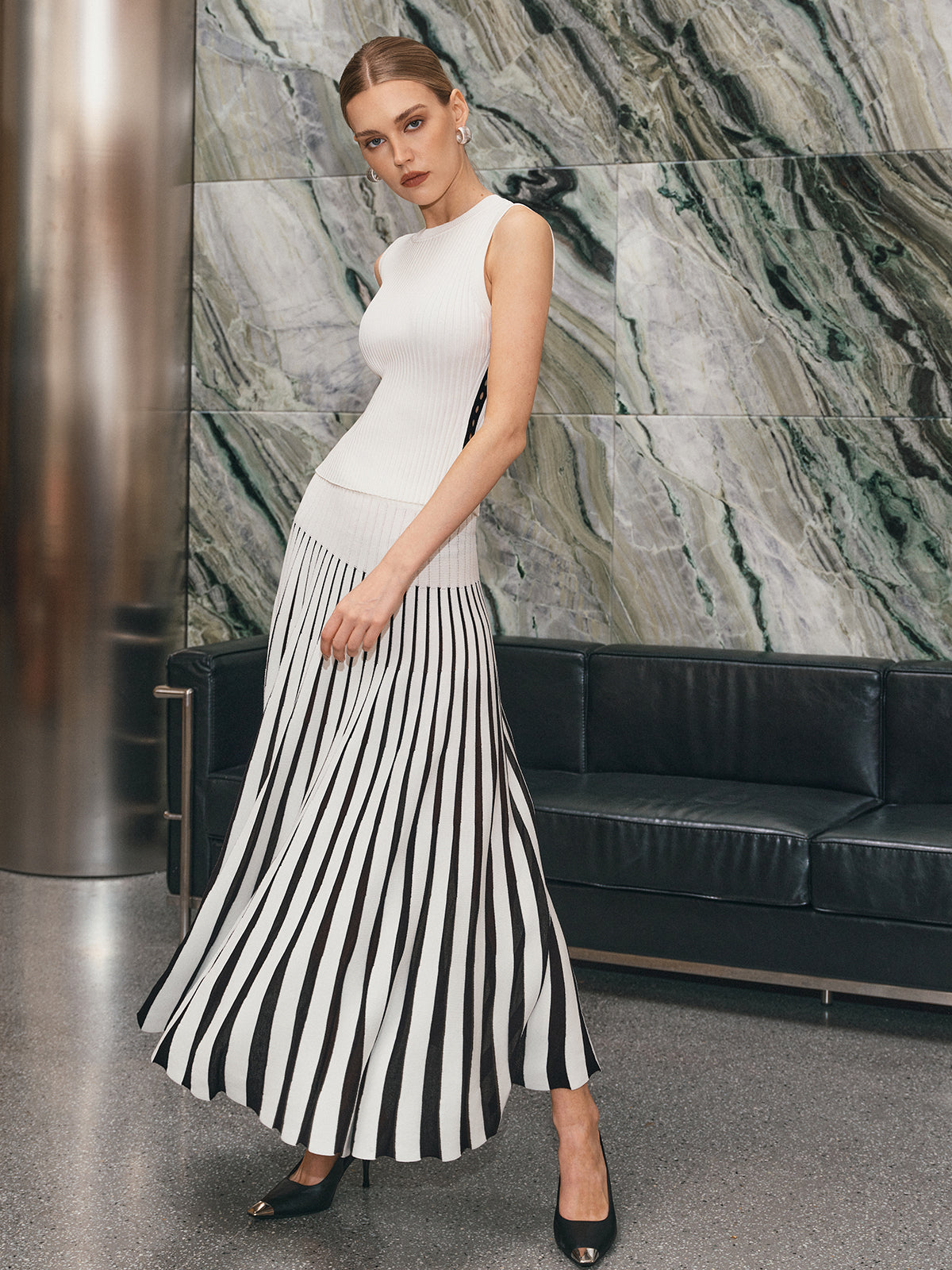 Sleeveless Top and Striped Maxi Skirt Set-Massicos