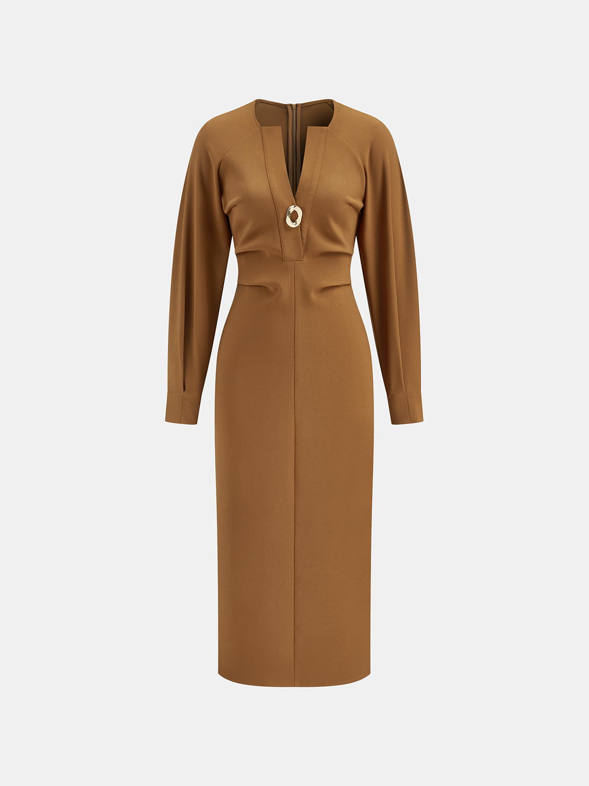 V-Neck Metal Detail Fitted Waist Dress-Massicos