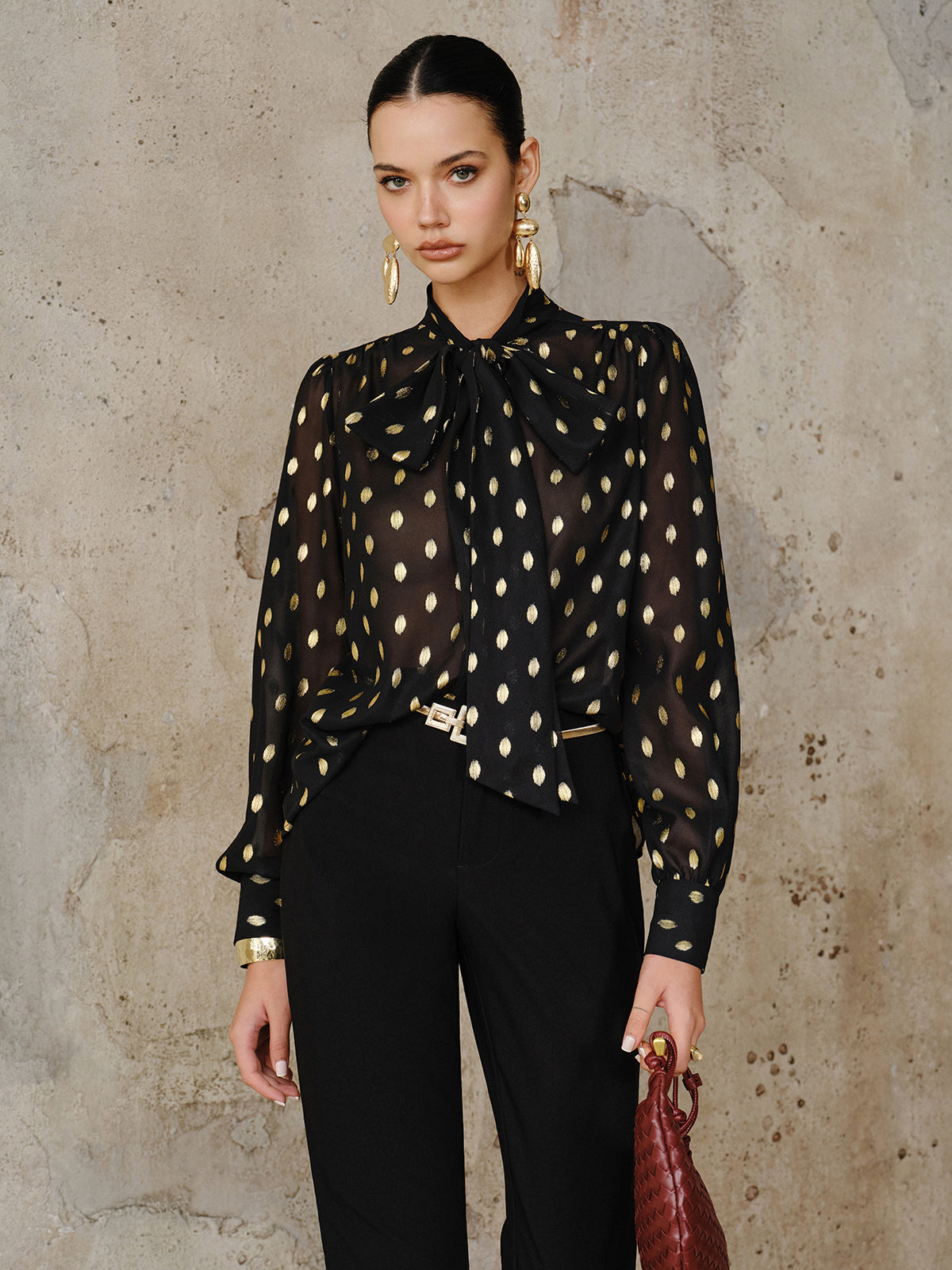 Polka Dot Bow Neckline Semi-Sheer Blouse-Massicos