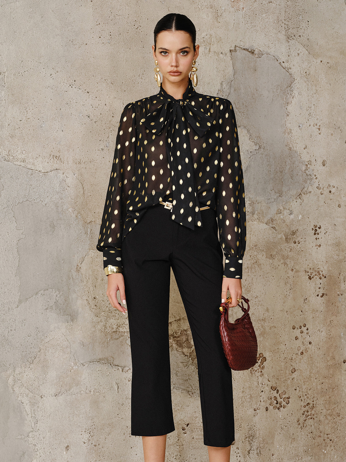 Polka Dot Bow Neckline Semi-Sheer Blouse-Massicos
