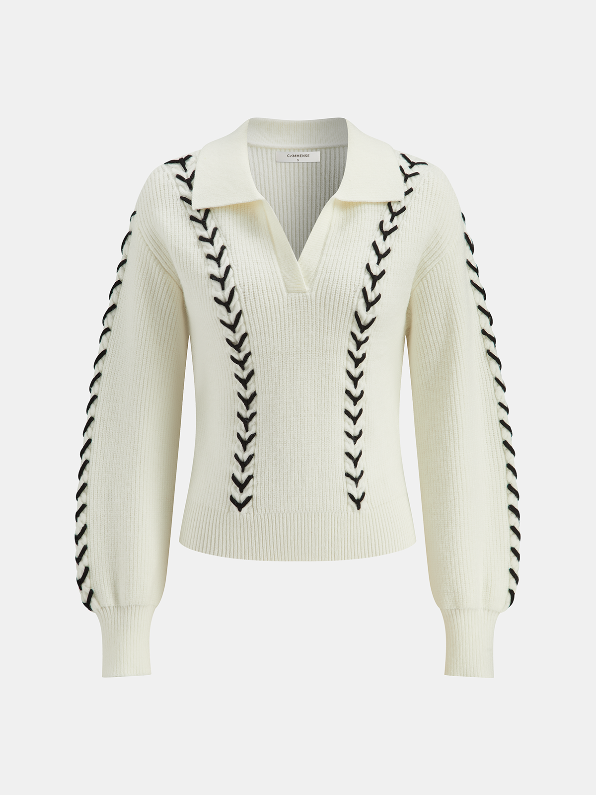 Contrast Stitching Polo Neck Cable Knit Top-Massicos