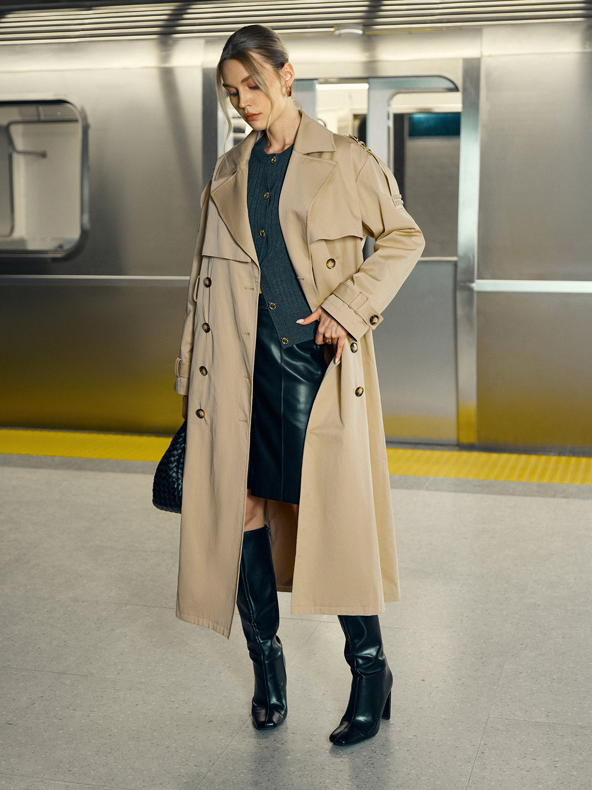 Cotton-Blend Double-Breasted Belted Long Trench Coat-Massicos