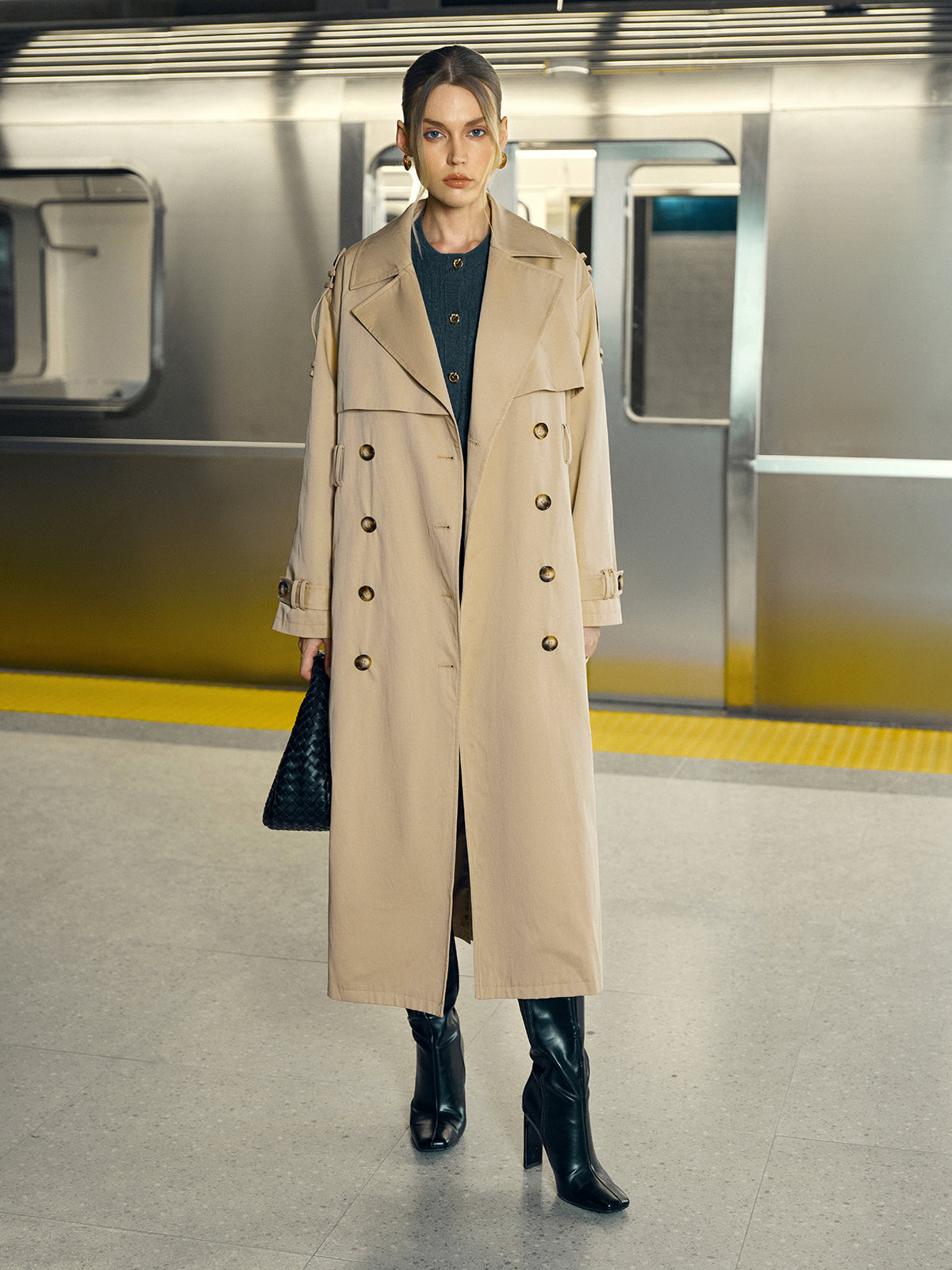 Cotton-Blend Double-Breasted Belted Long Trench Coat-Massicos