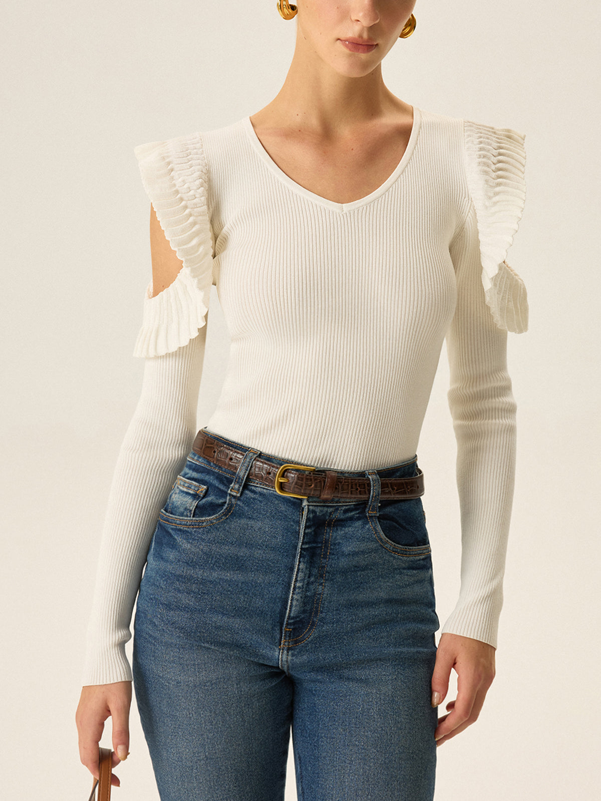 Cold Shoulder Ruffle V-Neck Knit Top-Massicos