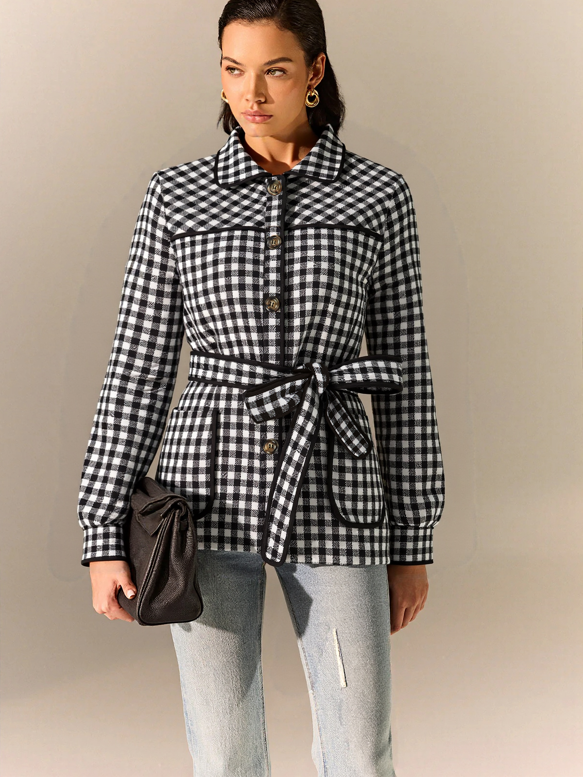 Belted Checkered Collared Jacket-Massicos