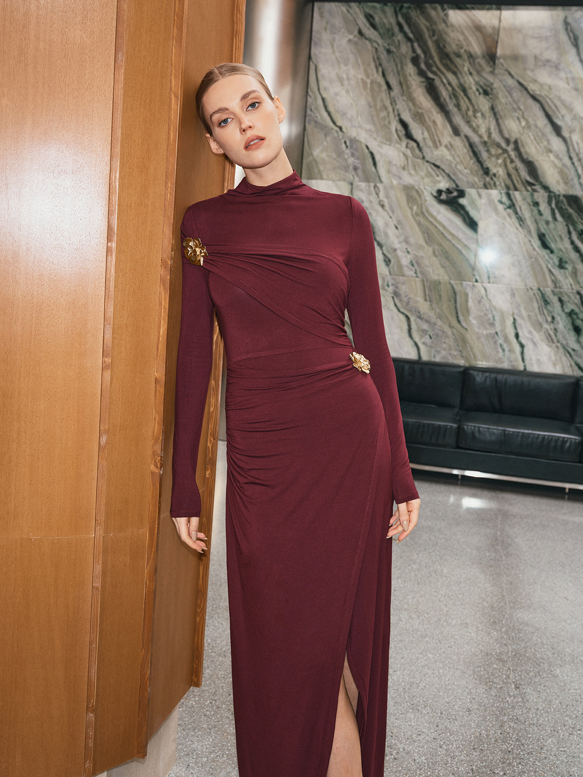 Ruched Metal Floral Long Sleeve Maxi Dress-Massicos