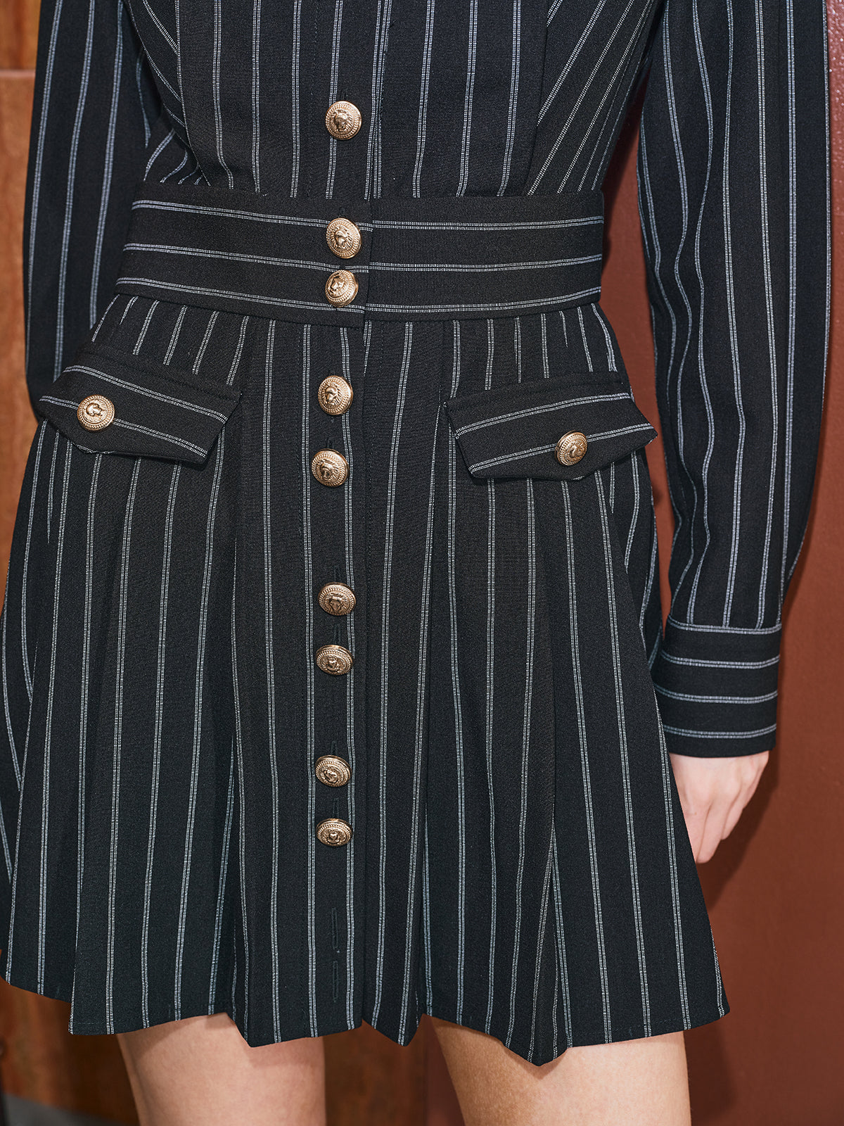 Metal Button Pinstripe Shirt Dress-Massicos