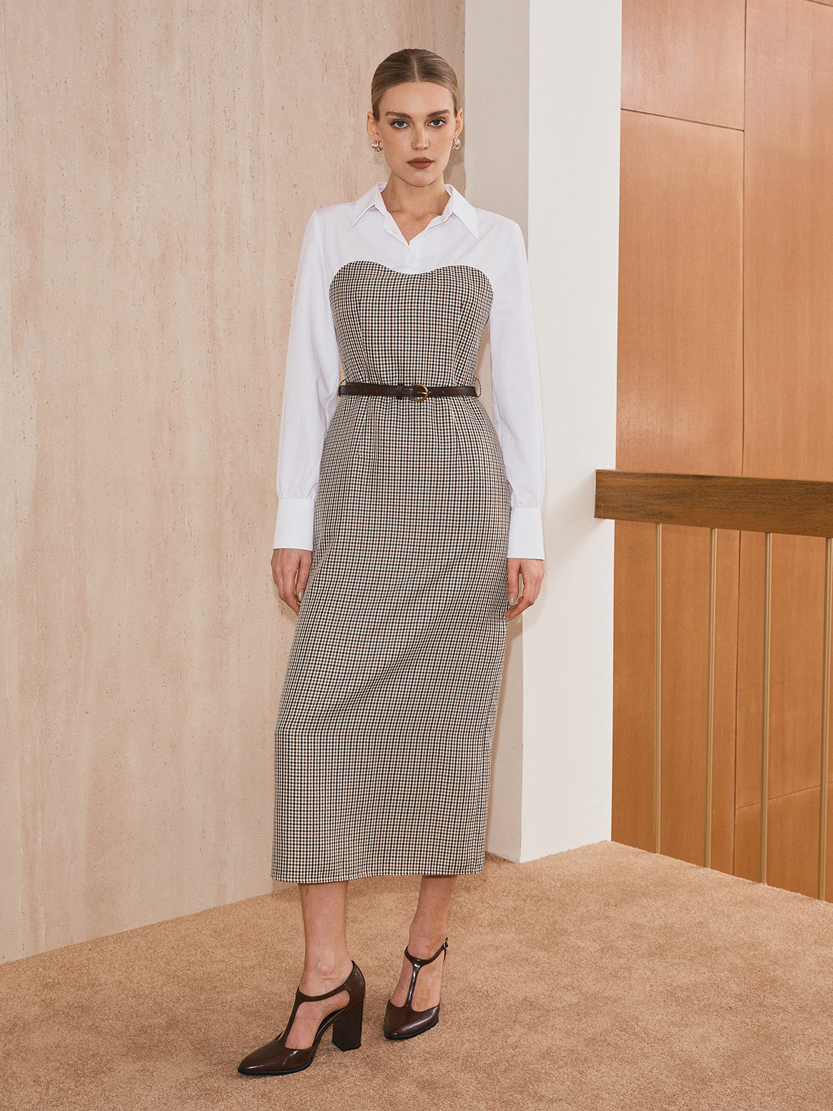 2 in 1 Shirt Plaid Panel Midi Dress with Belt-Massicos