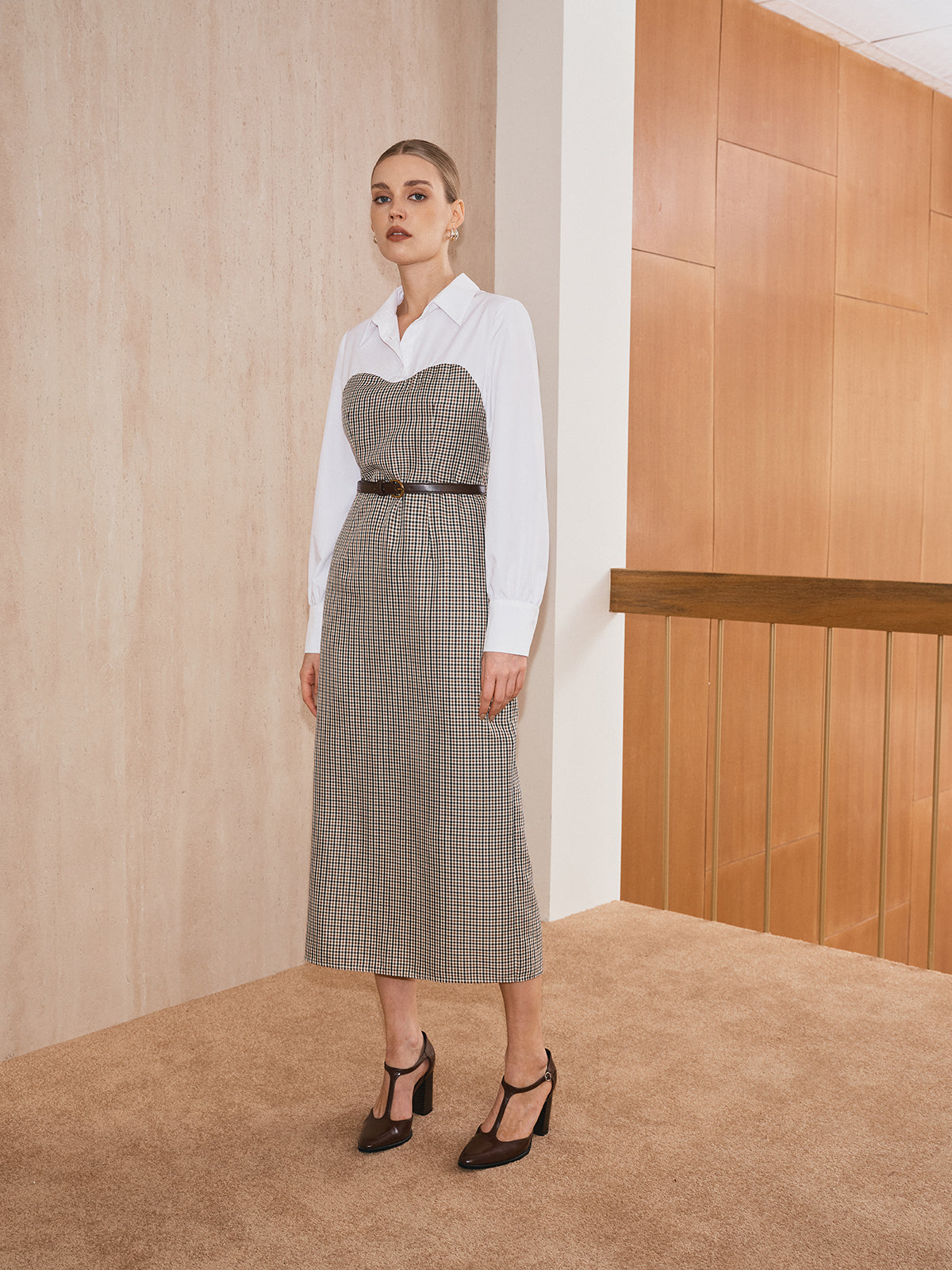 2 in 1 Shirt Plaid Panel Midi Dress with Belt-Massicos