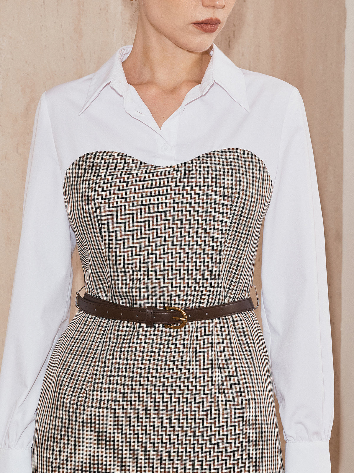 2 in 1 Shirt Plaid Panel Midi Dress with Belt-Massicos