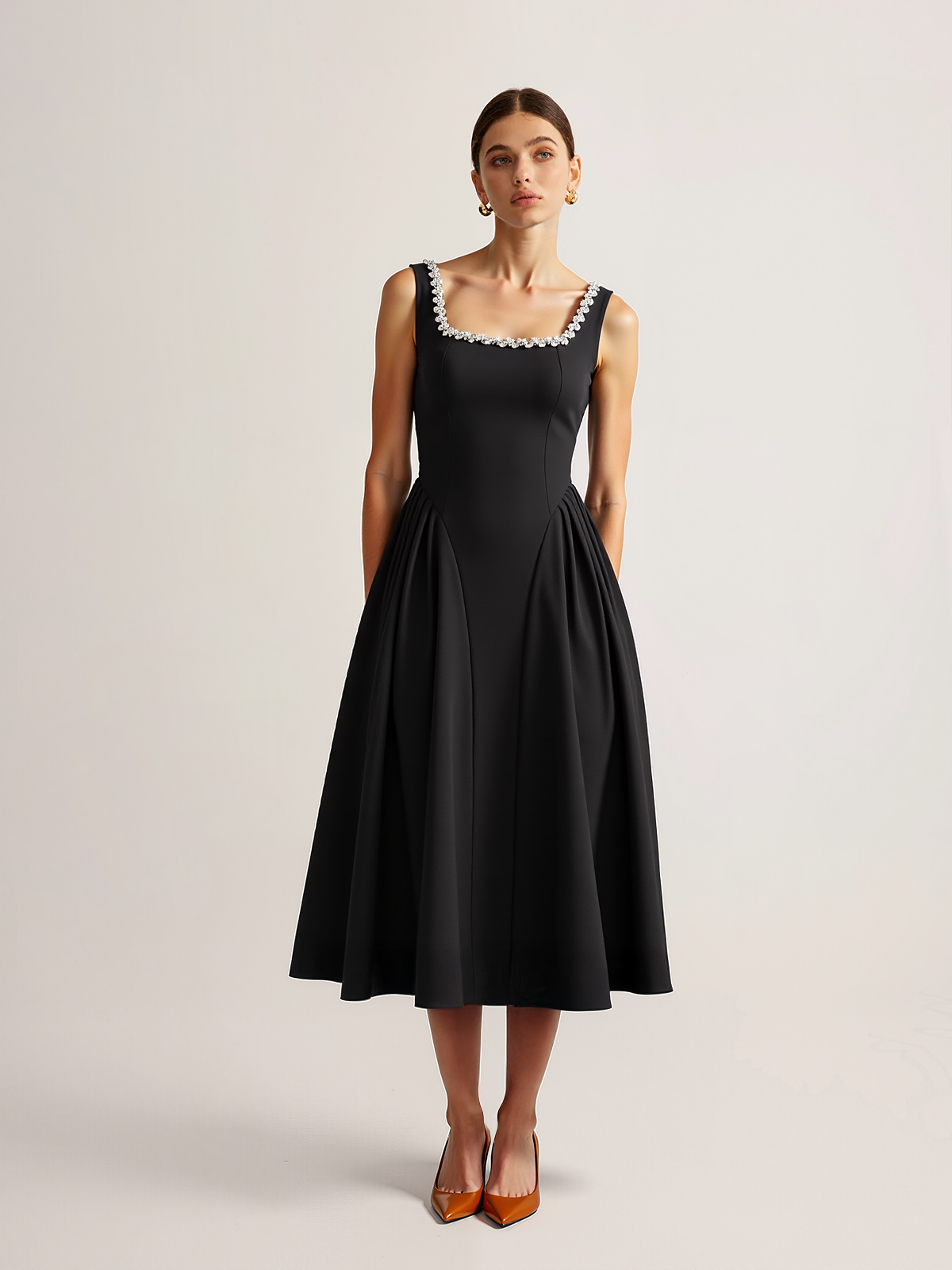 Sleeveless Square Neck Diamond Trim Flare Dress-Massicos
