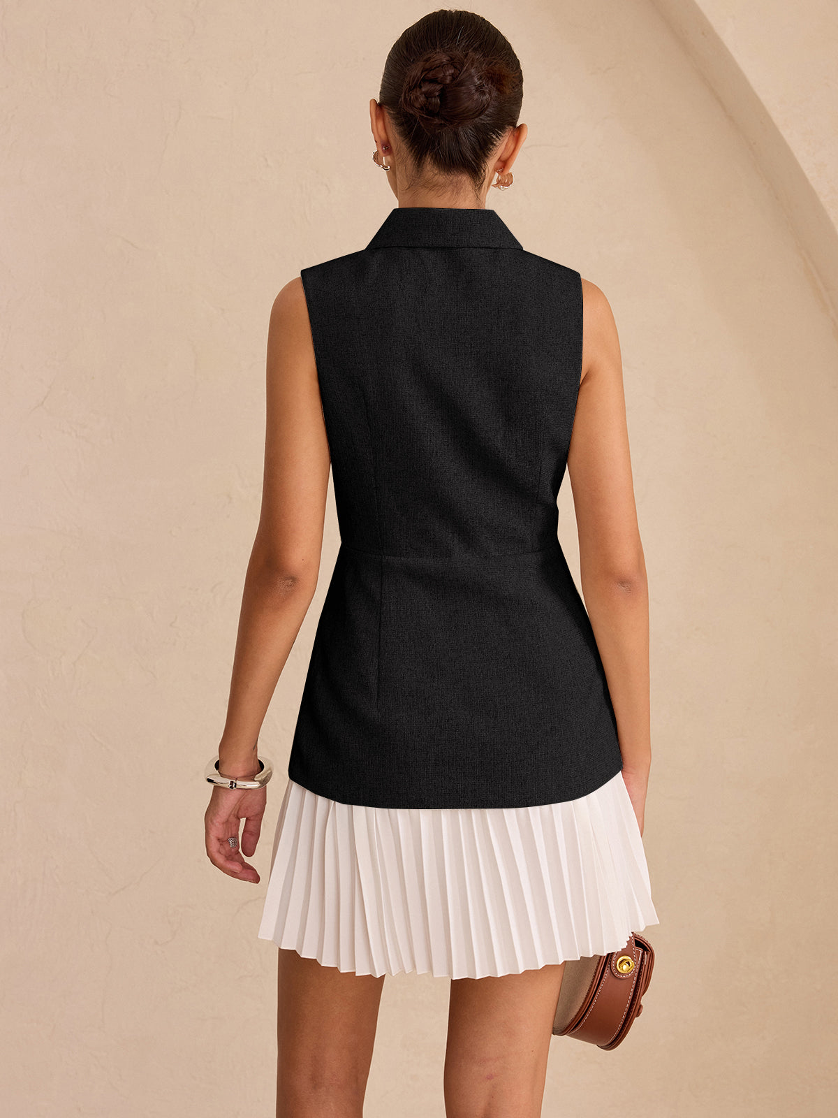 Sleeveless Collared Top Panel Pleated Skirt Mini Dress-Massicos