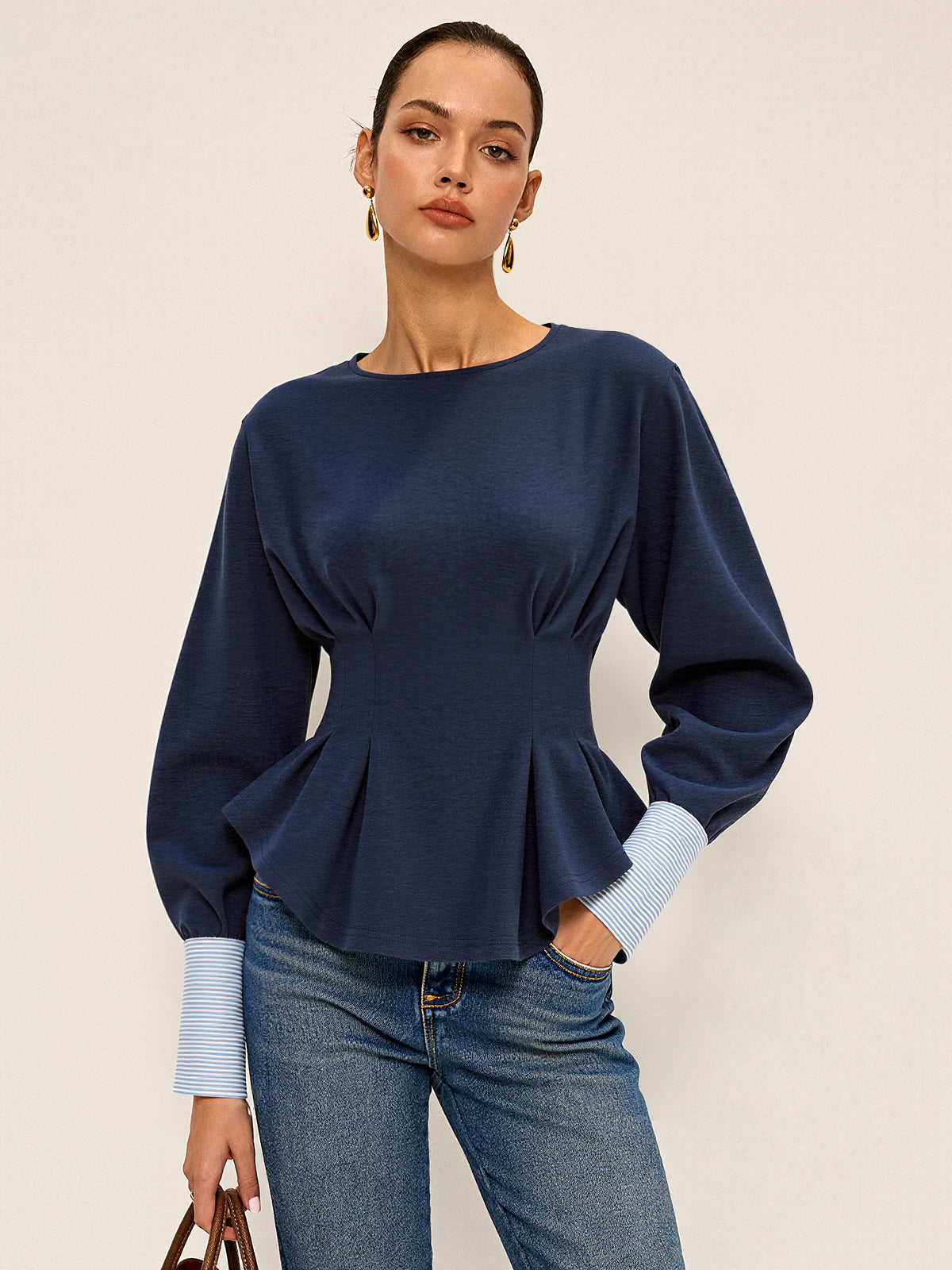 Round Neck Balloon Sleeve Peplum Sweatshirt-Massicos