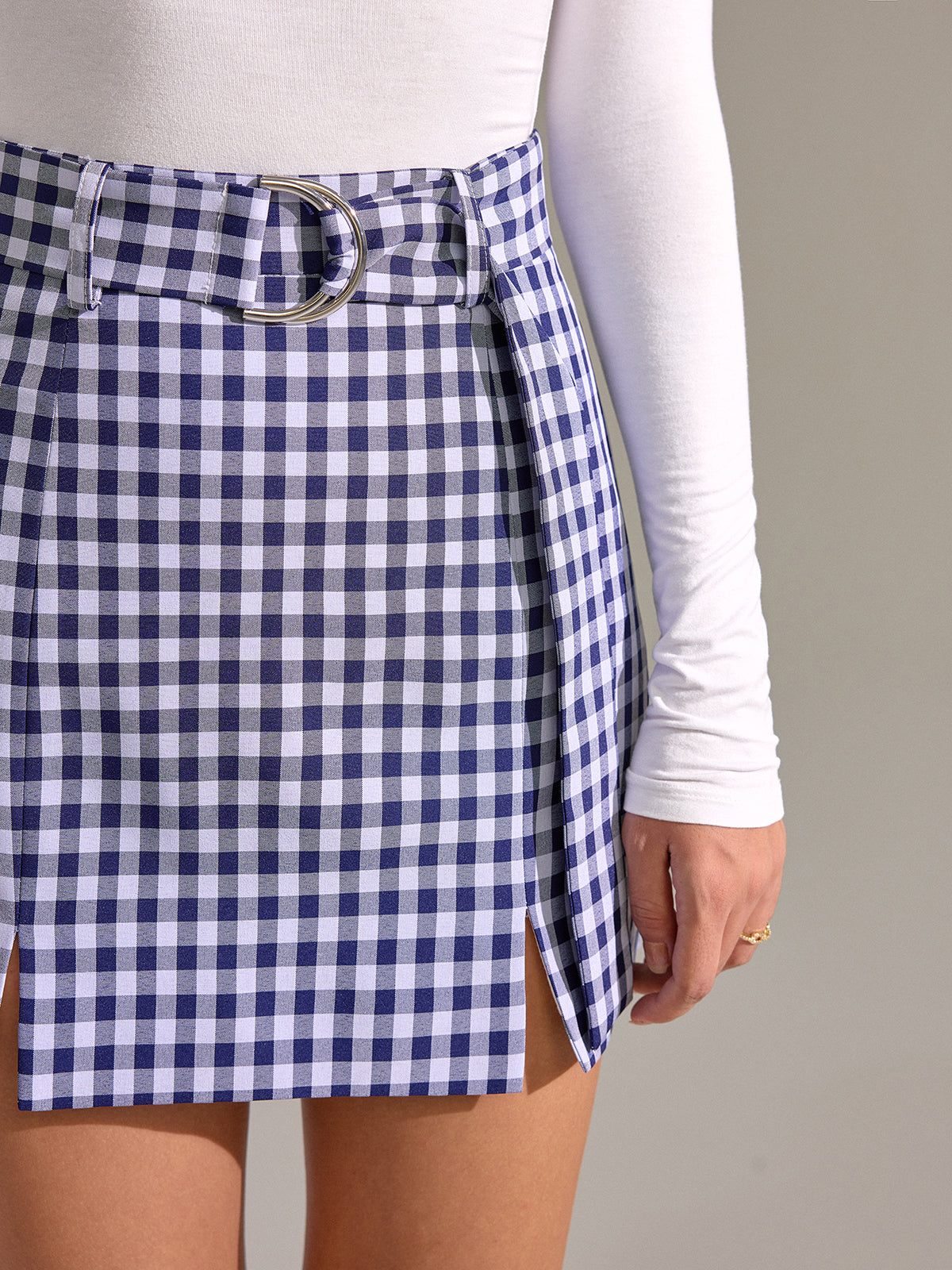 Belted Vintage Gingham Split Mini Skirt-Massicos