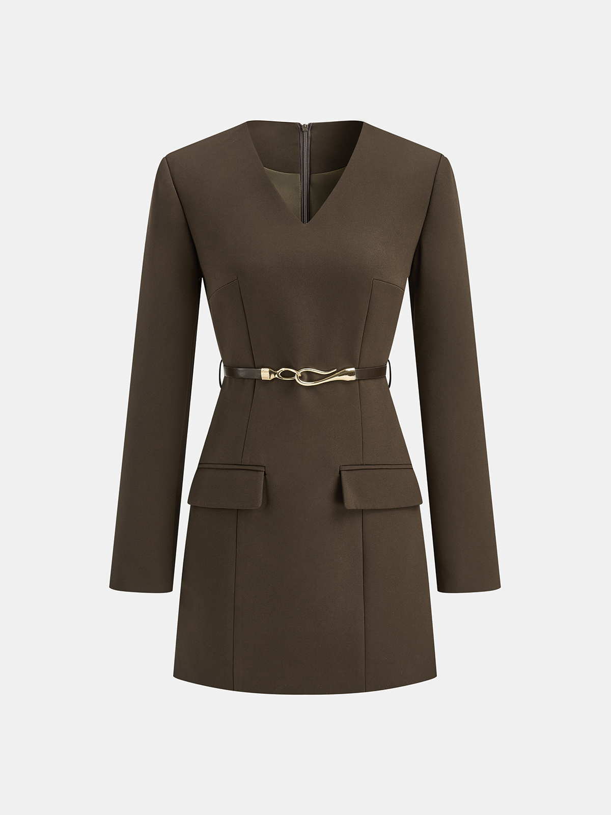 Belted V-Neck Tailored Dress-Massicos