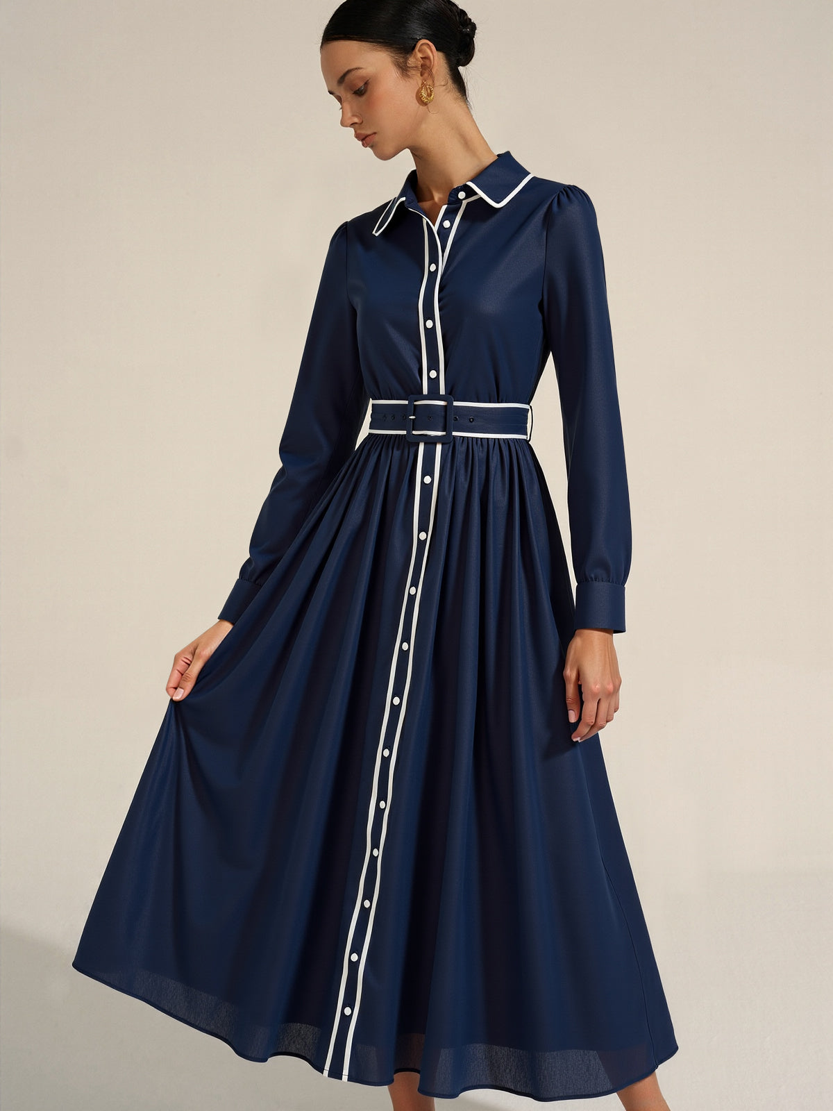 Contrast Trim Belted Pleated Shirt Dress-Massicos