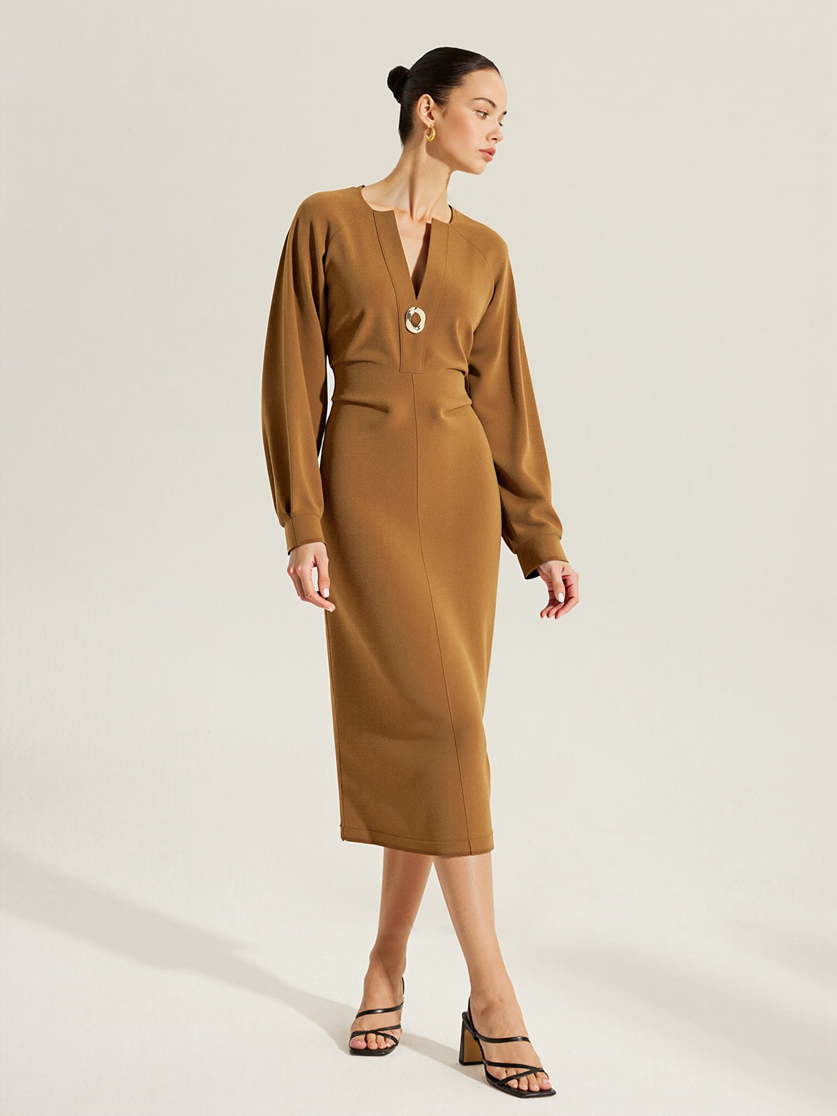 V-Neck Metal Detail Fitted Waist Dress-Massicos
