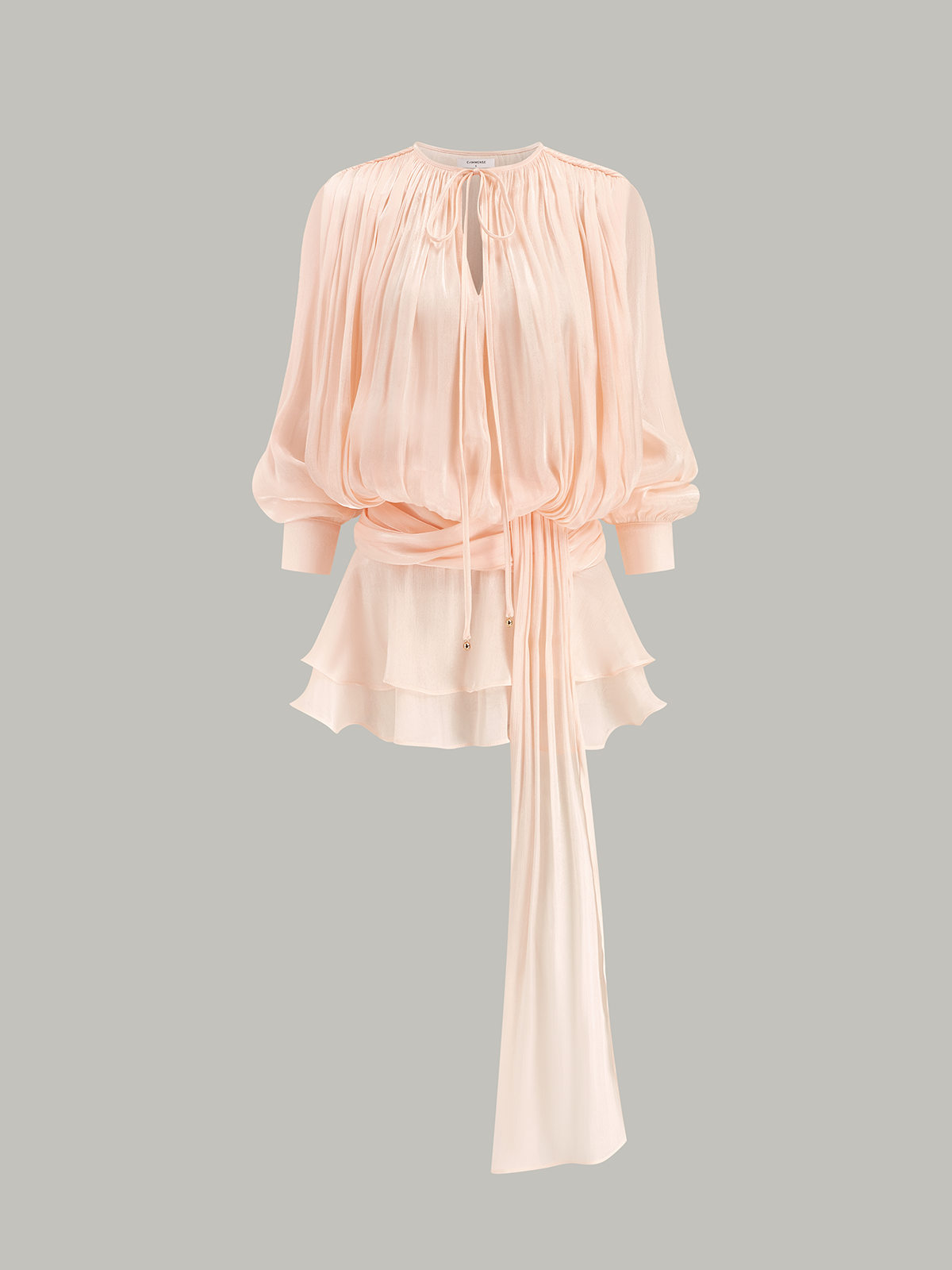 Semi-Sheer Tiered Draped Tie-Waist Mini Dress-Massicos