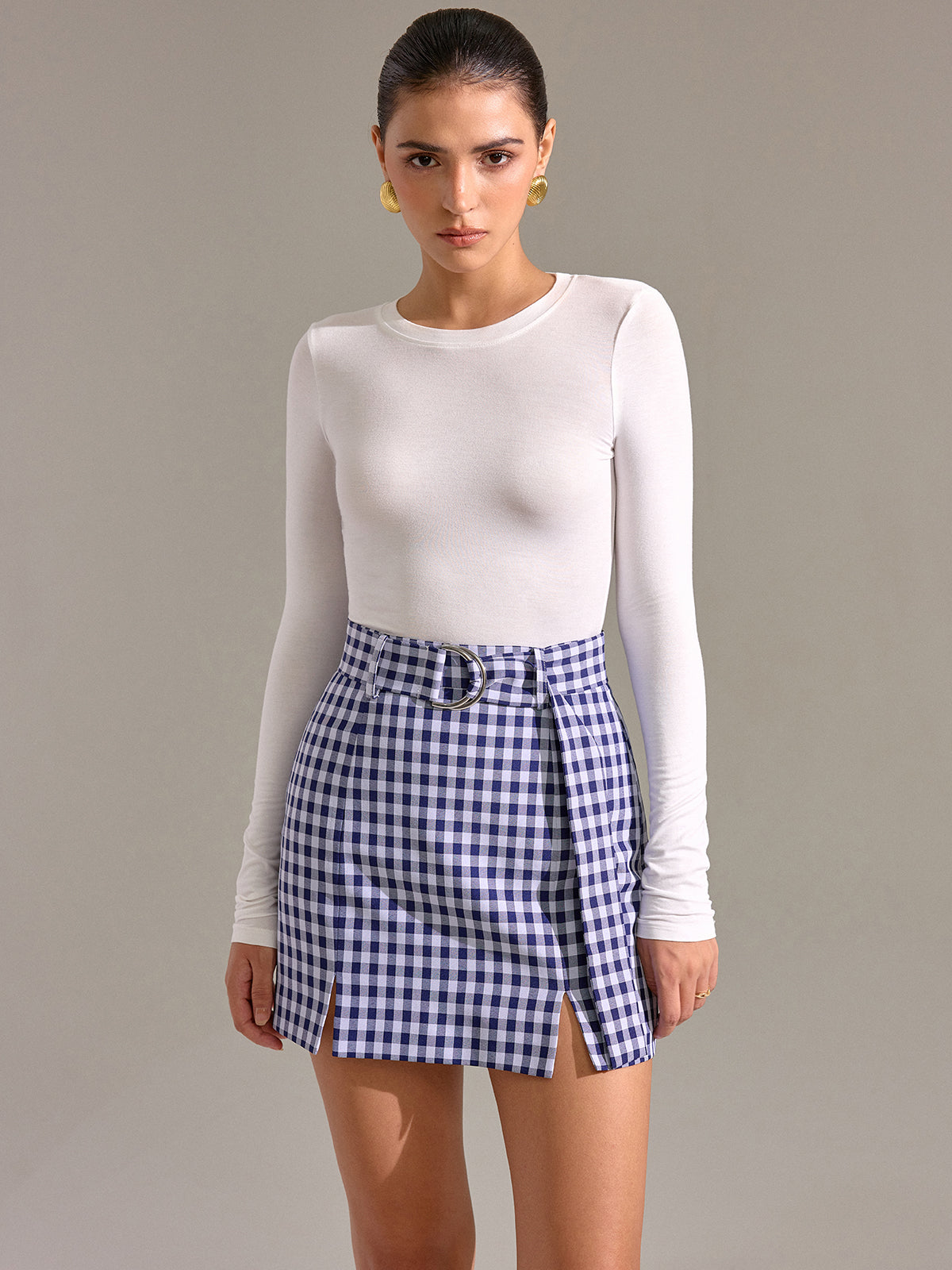 Belted Vintage Gingham Split Mini Skirt-Massicos