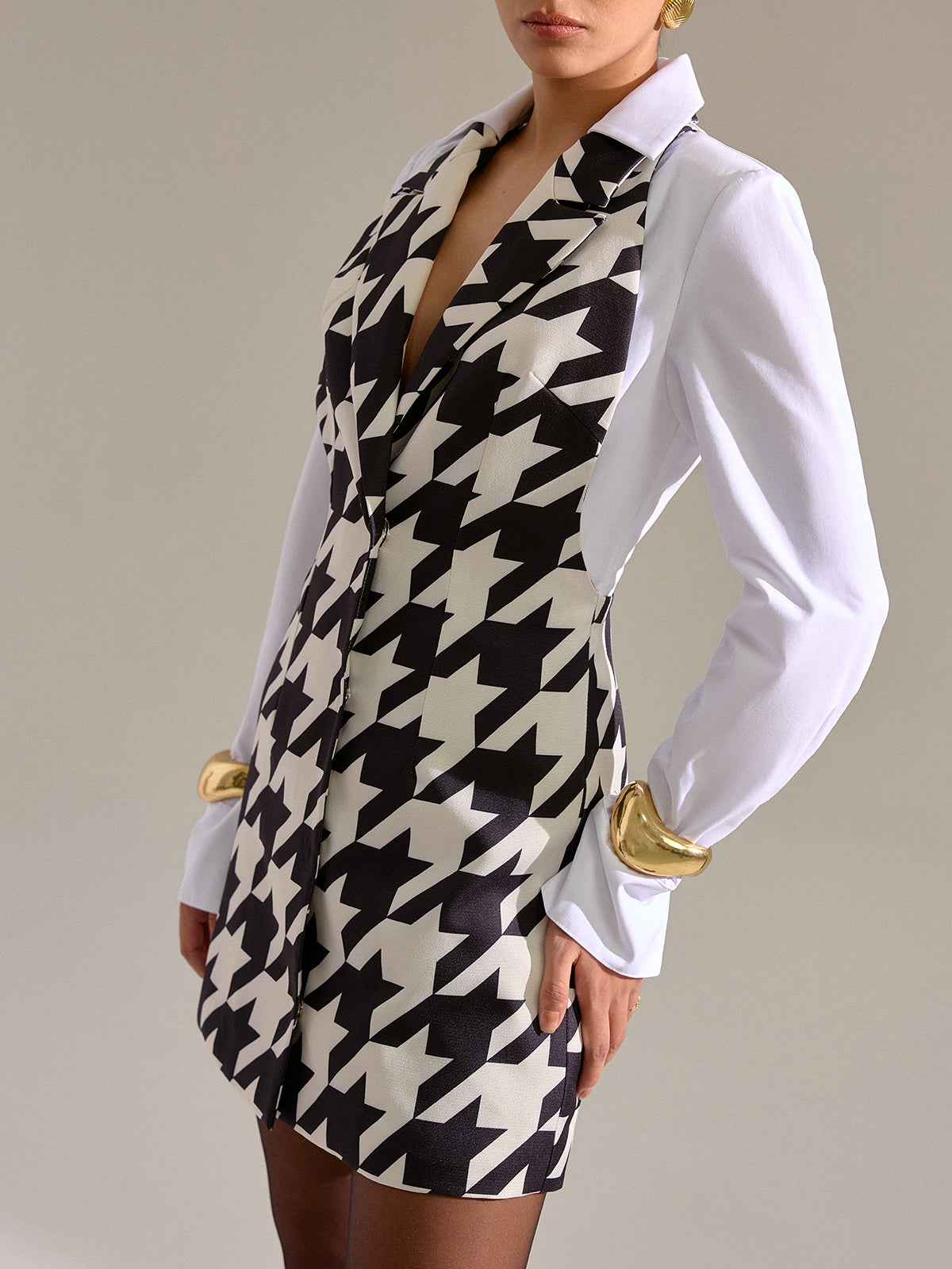 Houndstooth Shirt-Paneled Mini Dress-Massicos