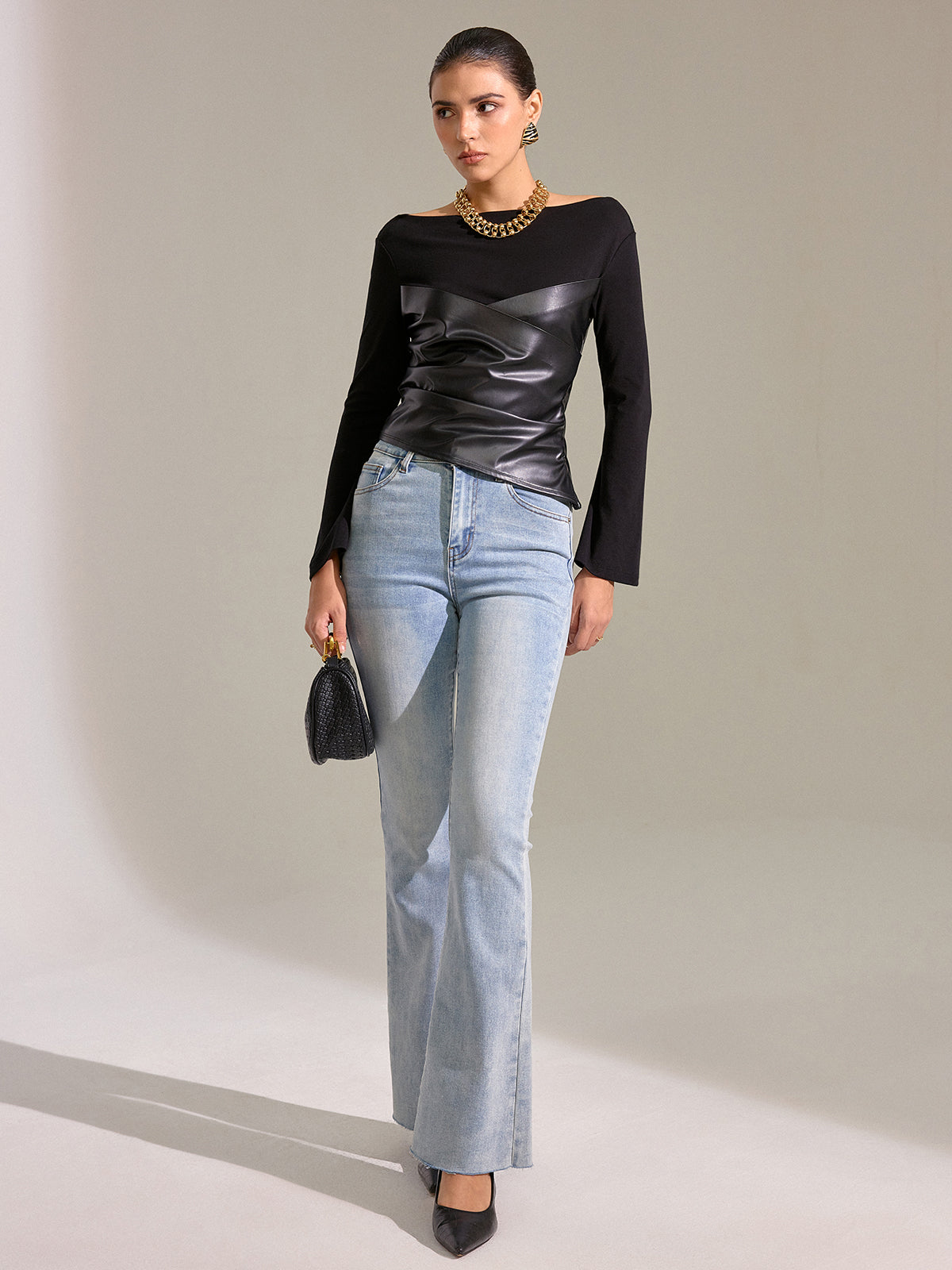 Flared Sleeve Faux Leather Panel Knit Top-Massicos