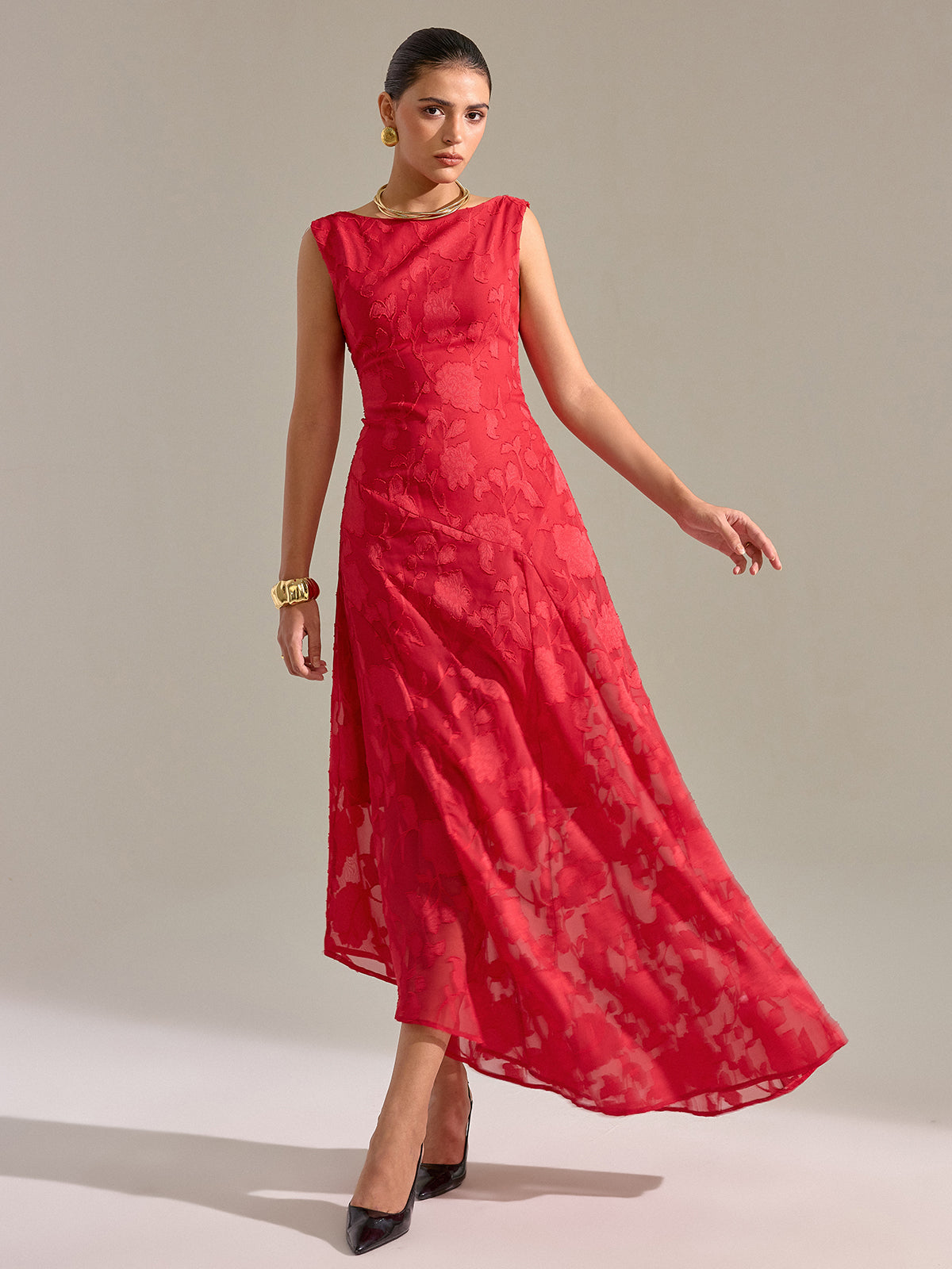Floral Jacquard Sleeveless Maxi Dress-Massicos